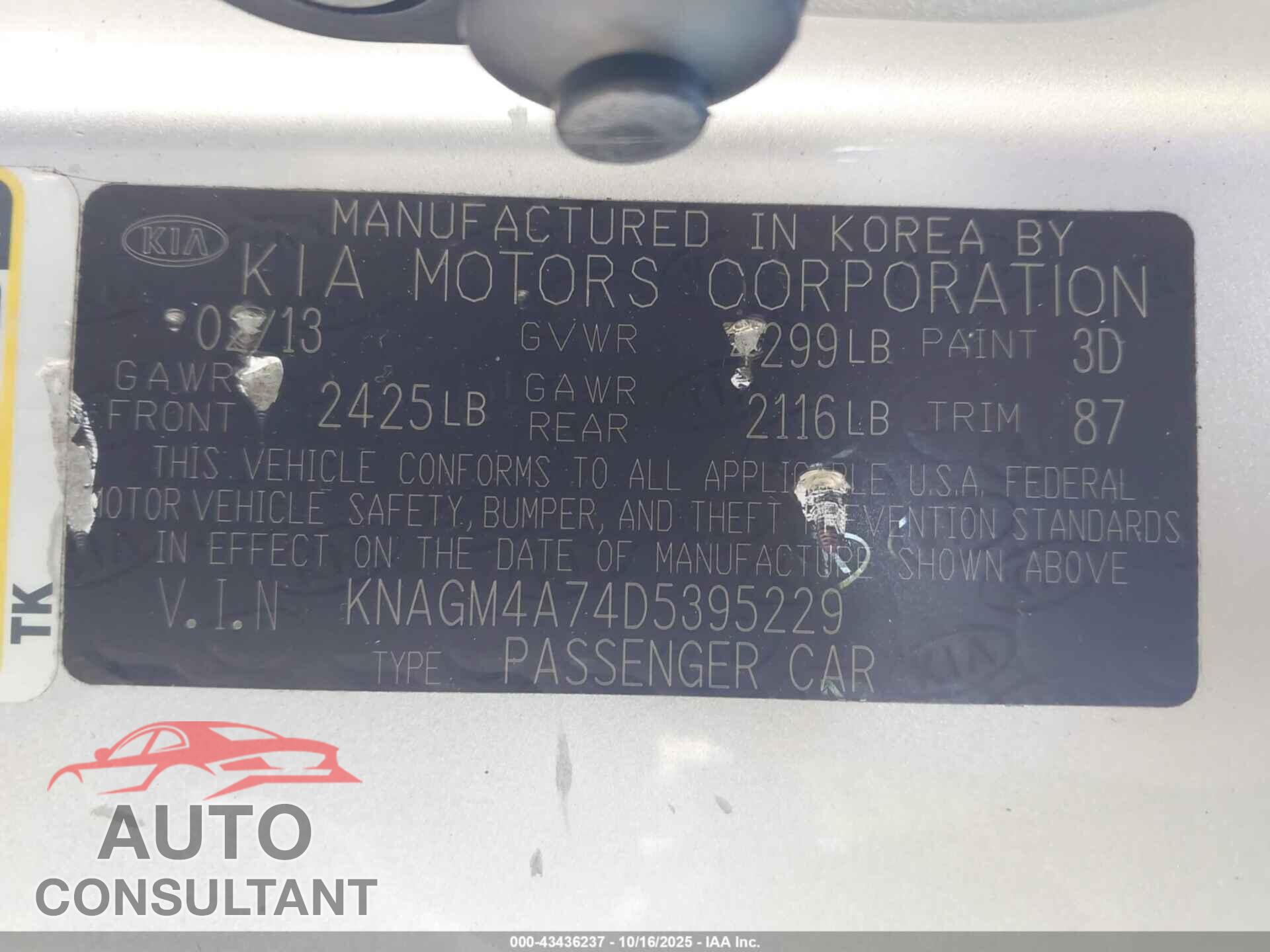 KIA OPTIMA 2013 - KNAGM4A74D5395229
