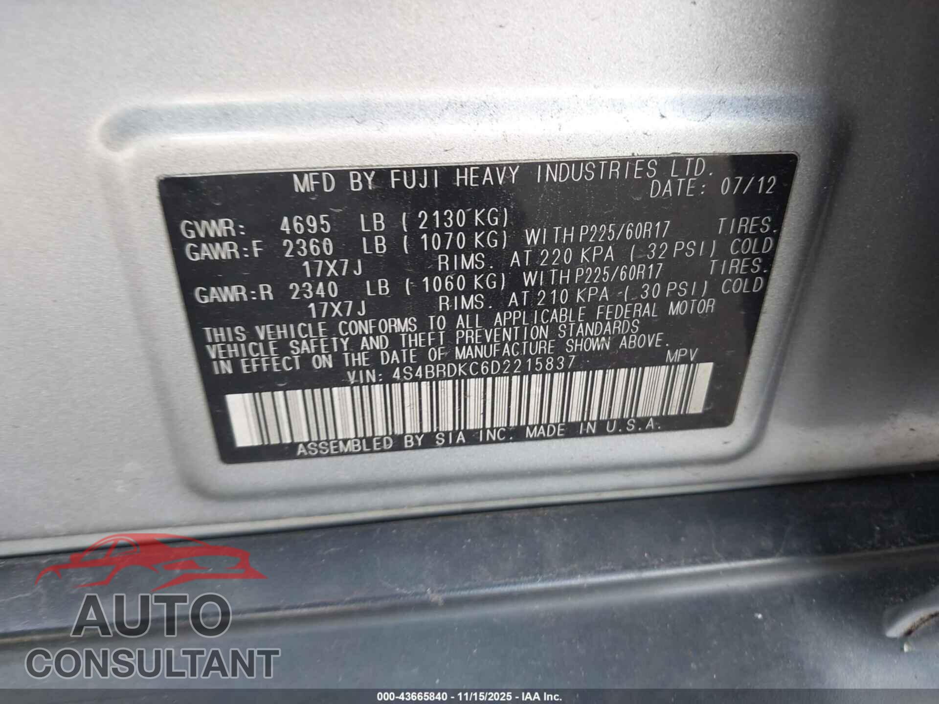 SUBARU OUTBACK 2013 - 4S4BRDKC6D2215837