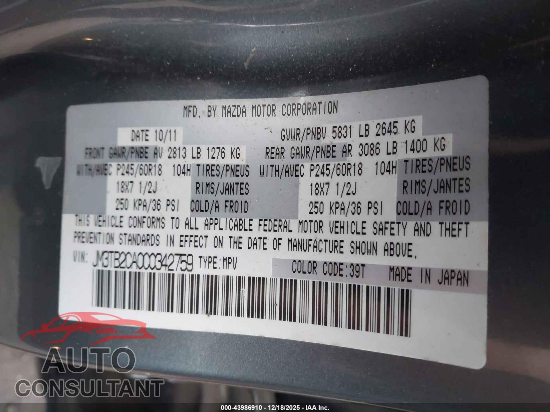 MAZDA CX-9 2012 - JM3TB2CA0C0342759