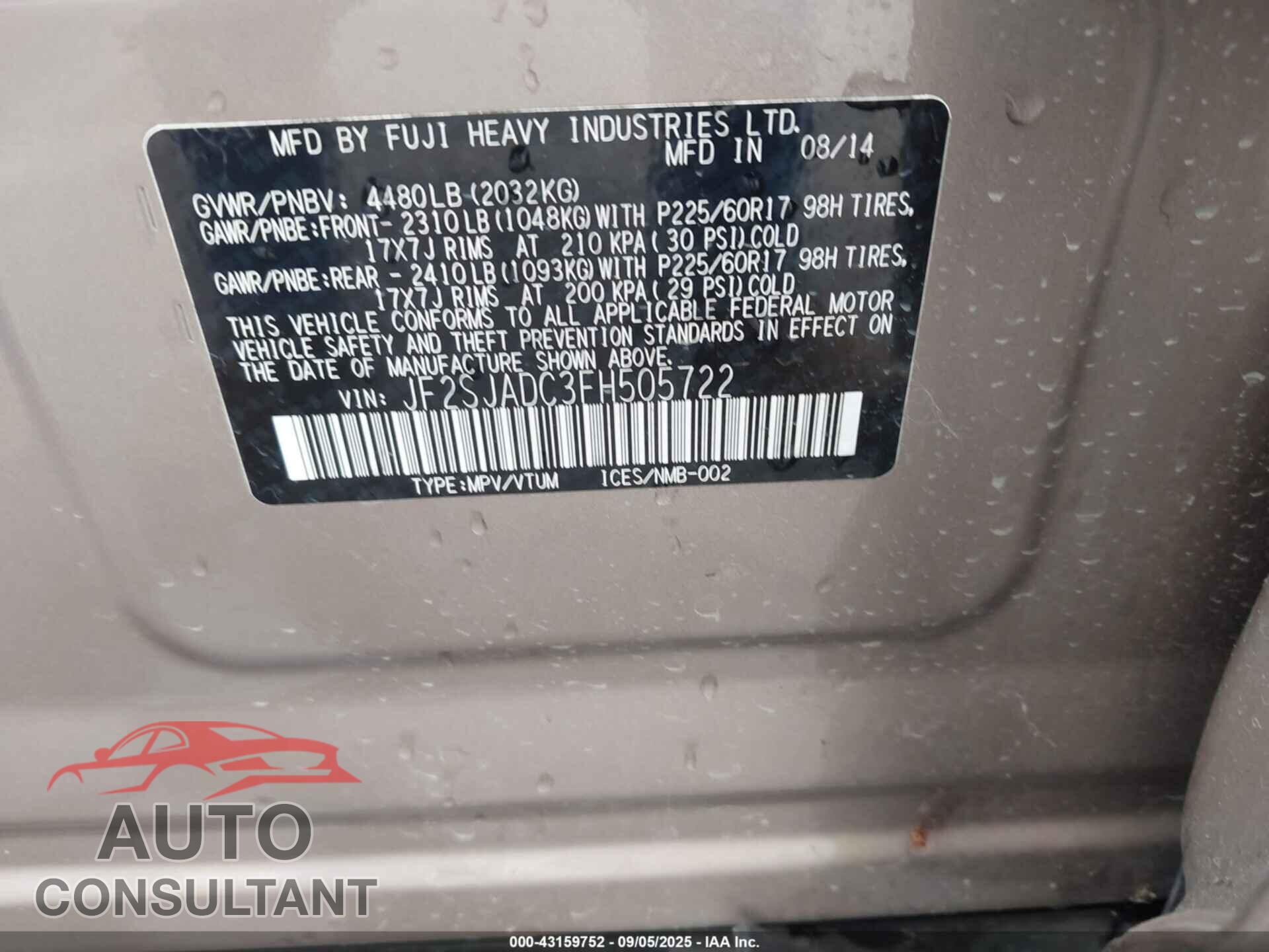 SUBARU FORESTER 2015 - JF2SJADC3FH505722