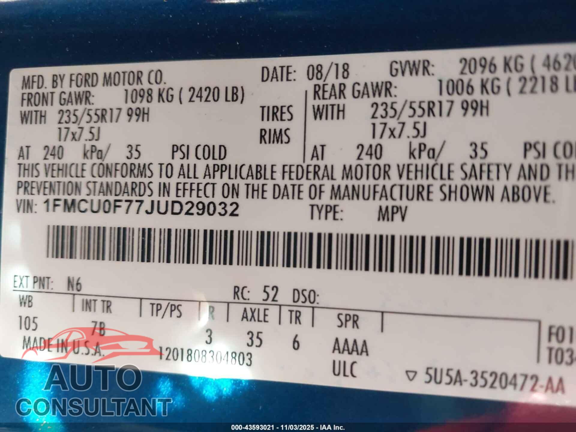 FORD ESCAPE 2018 - 1FMCU0F77JUD29032