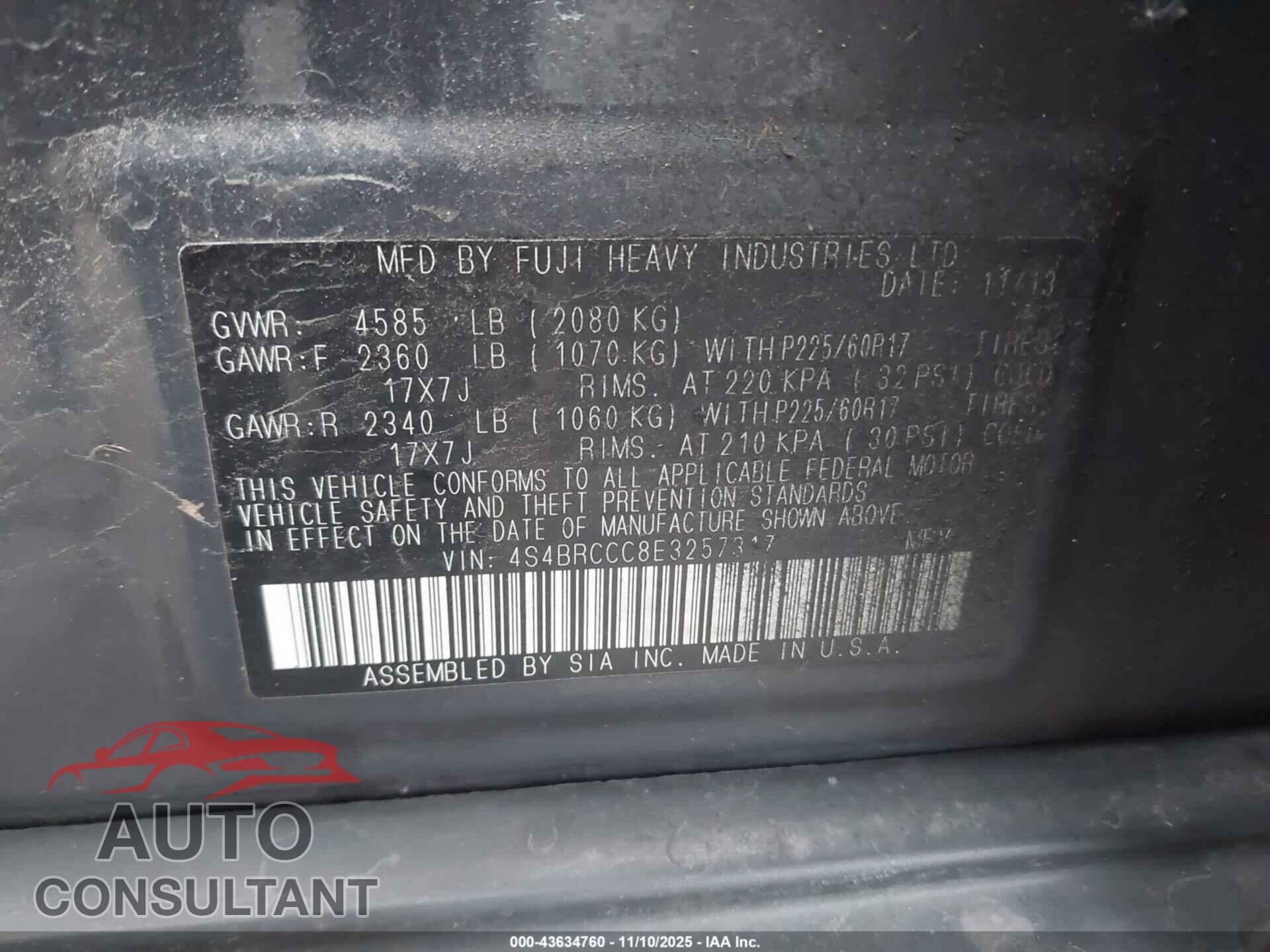 SUBARU OUTBACK 2014 - 4S4BRCCC8E3257317