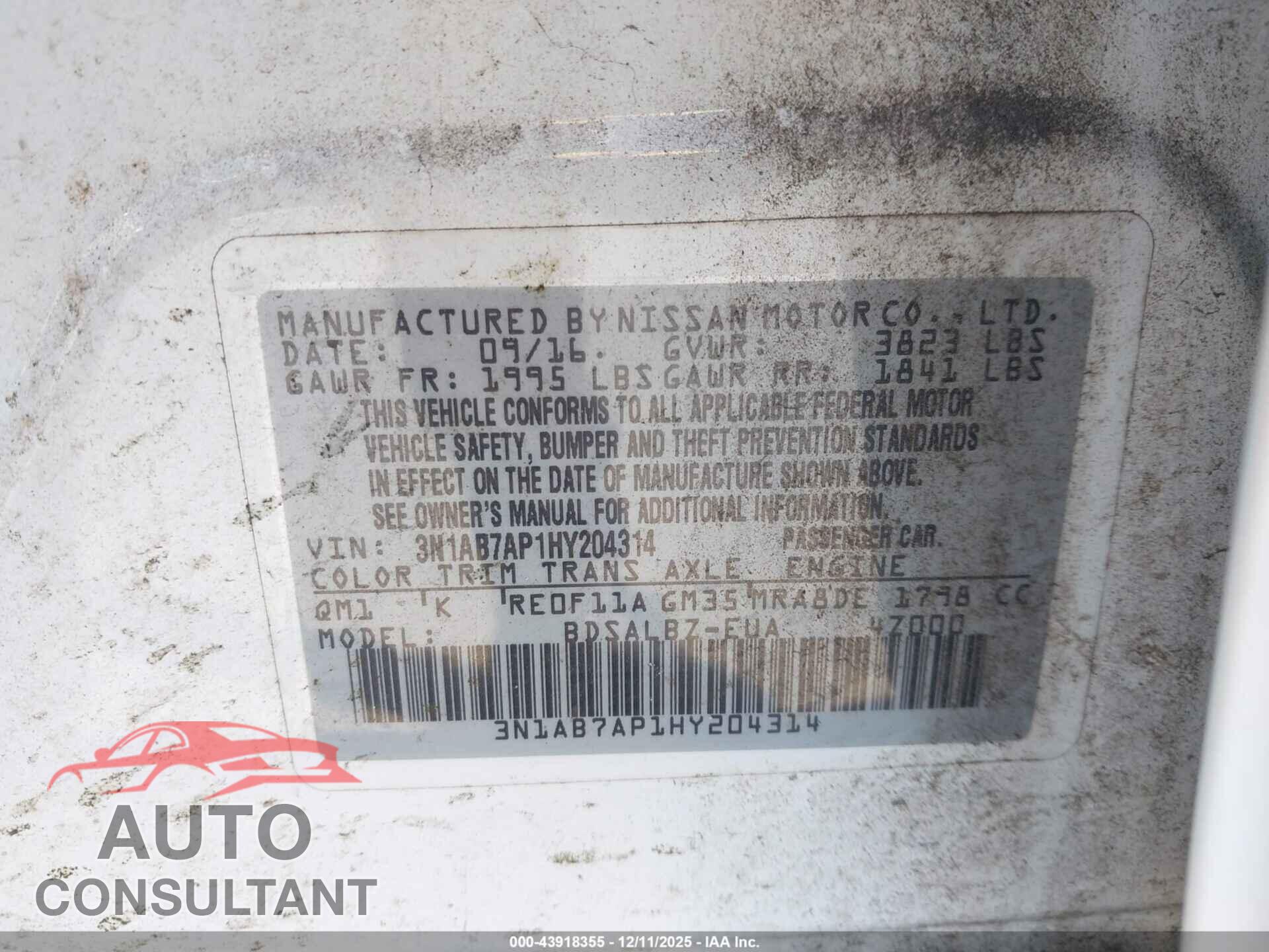 NISSAN SENTRA 2017 - 3N1AB7AP1HY204314