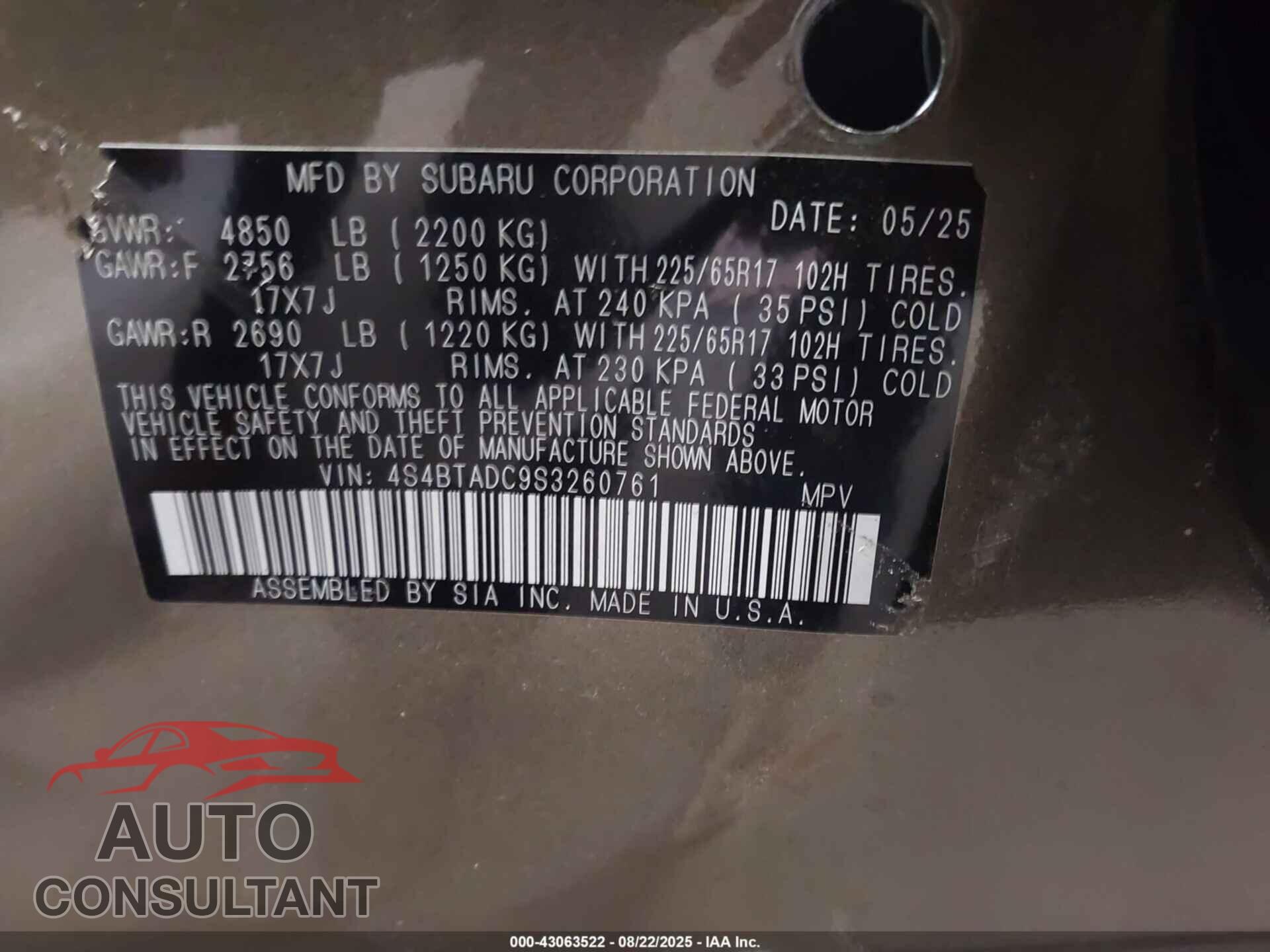 SUBARU OUTBACK 2025 - 4S4BTADC9S3260761