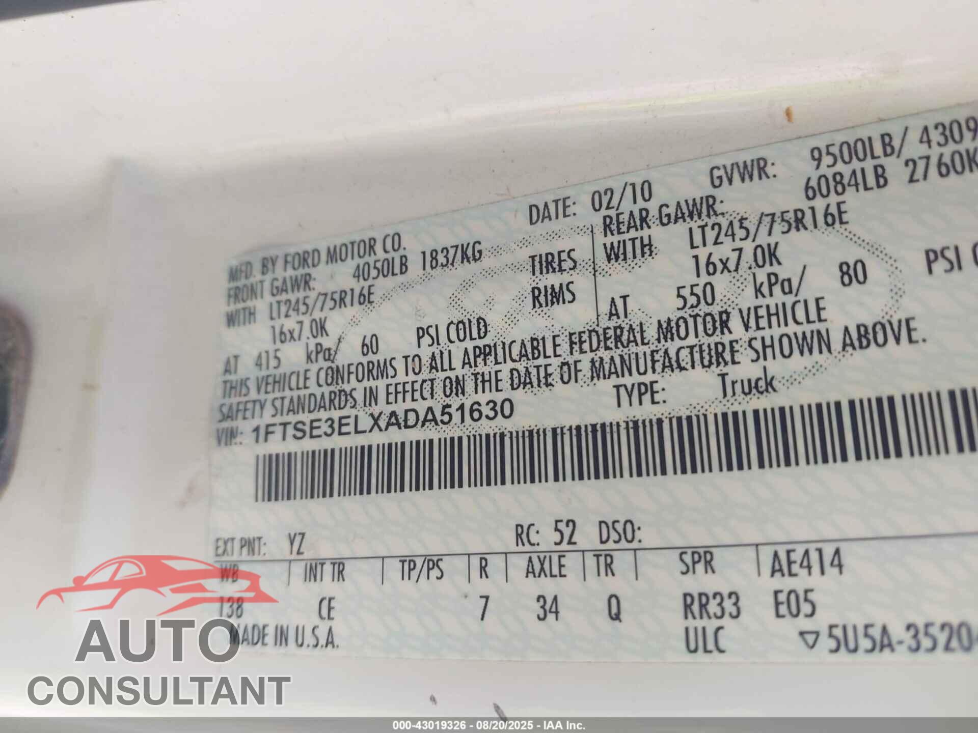 FORD E-350 SUPER DUTY 2010 - 1FTSE3ELXADA51630