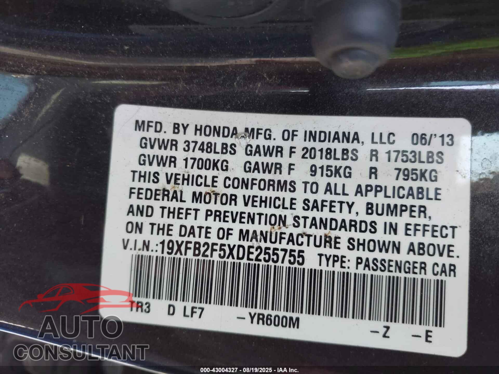 HONDA CIVIC 2013 - 19XFB2F5XDE255755