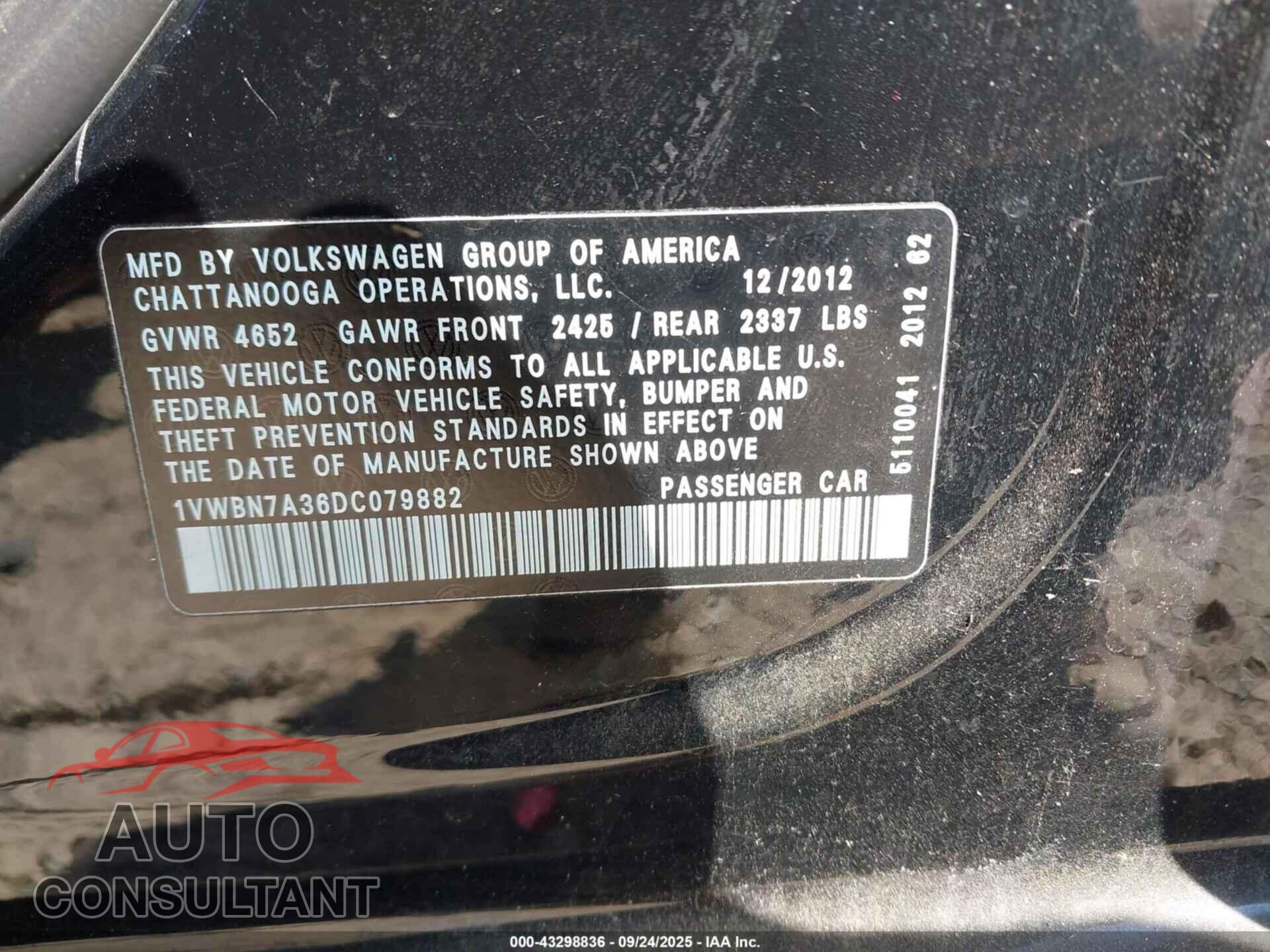 VOLKSWAGEN PASSAT 2013 - 1VWBN7A36DC079882