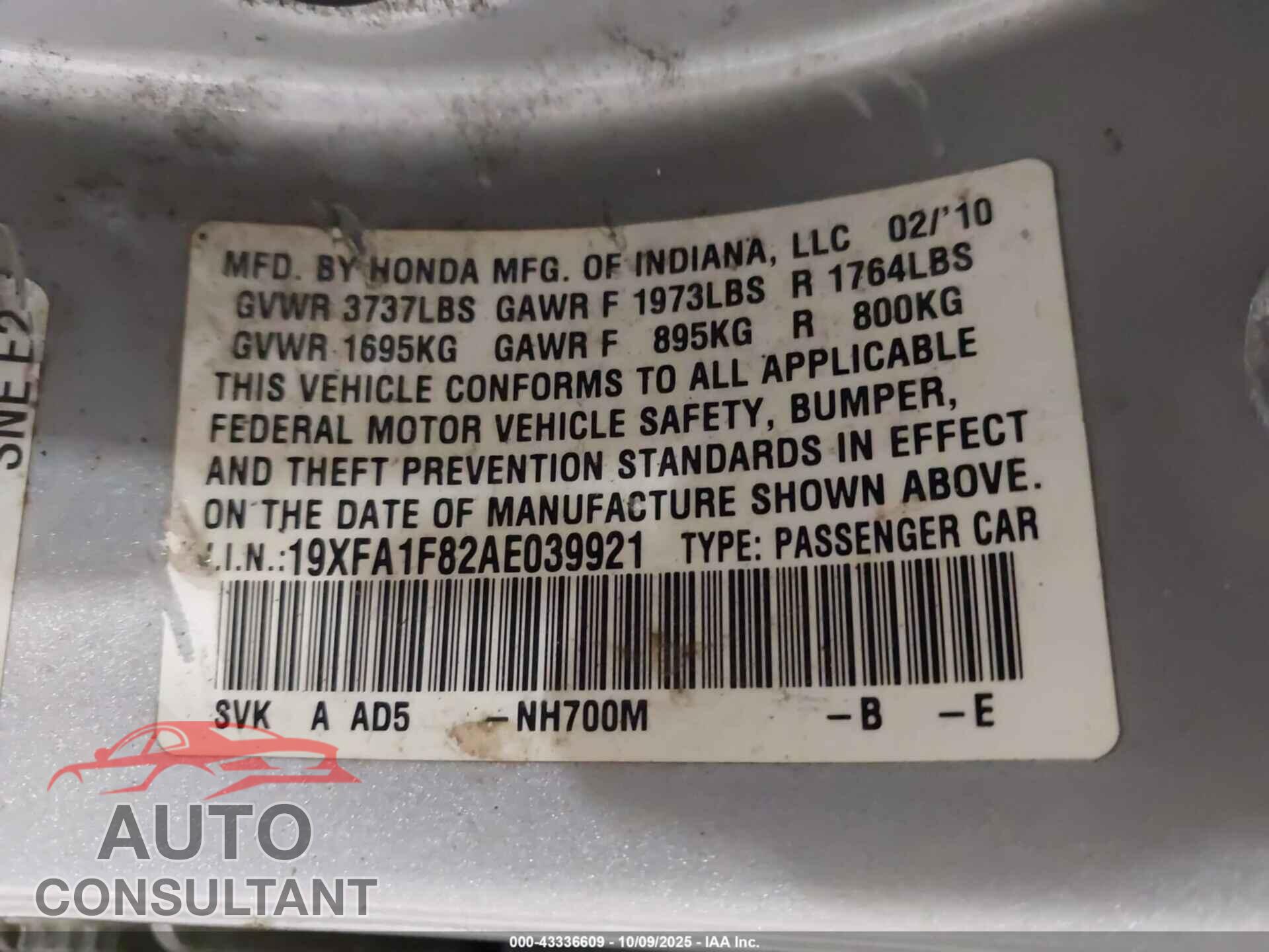 HONDA CIVIC 2010 - 19XFA1F82AE039921