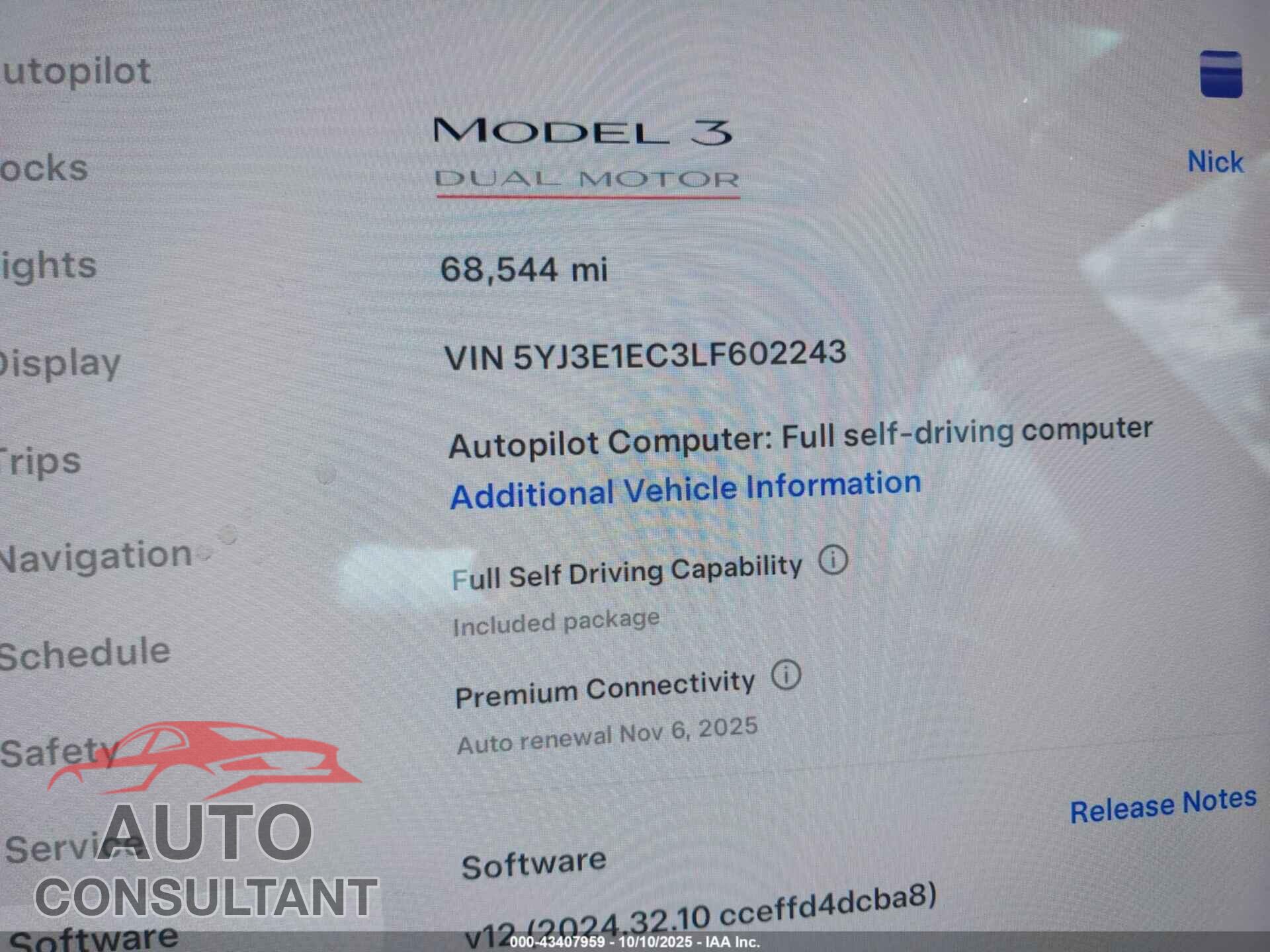 TESLA MODEL 3 2020 - 5YJ3E1EC3LF602243