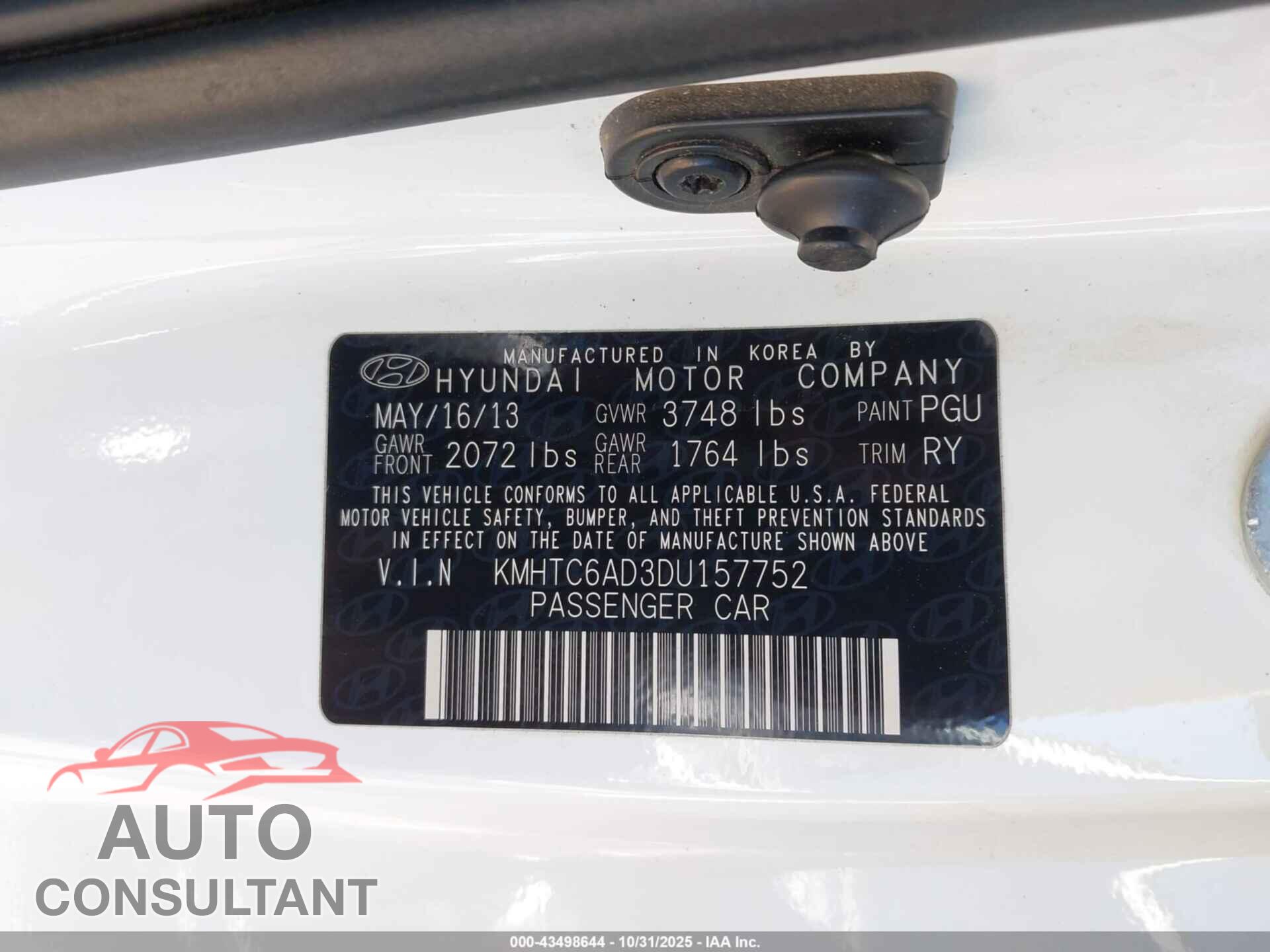 HYUNDAI VELOSTER 2013 - KMHTC6AD3DU157752