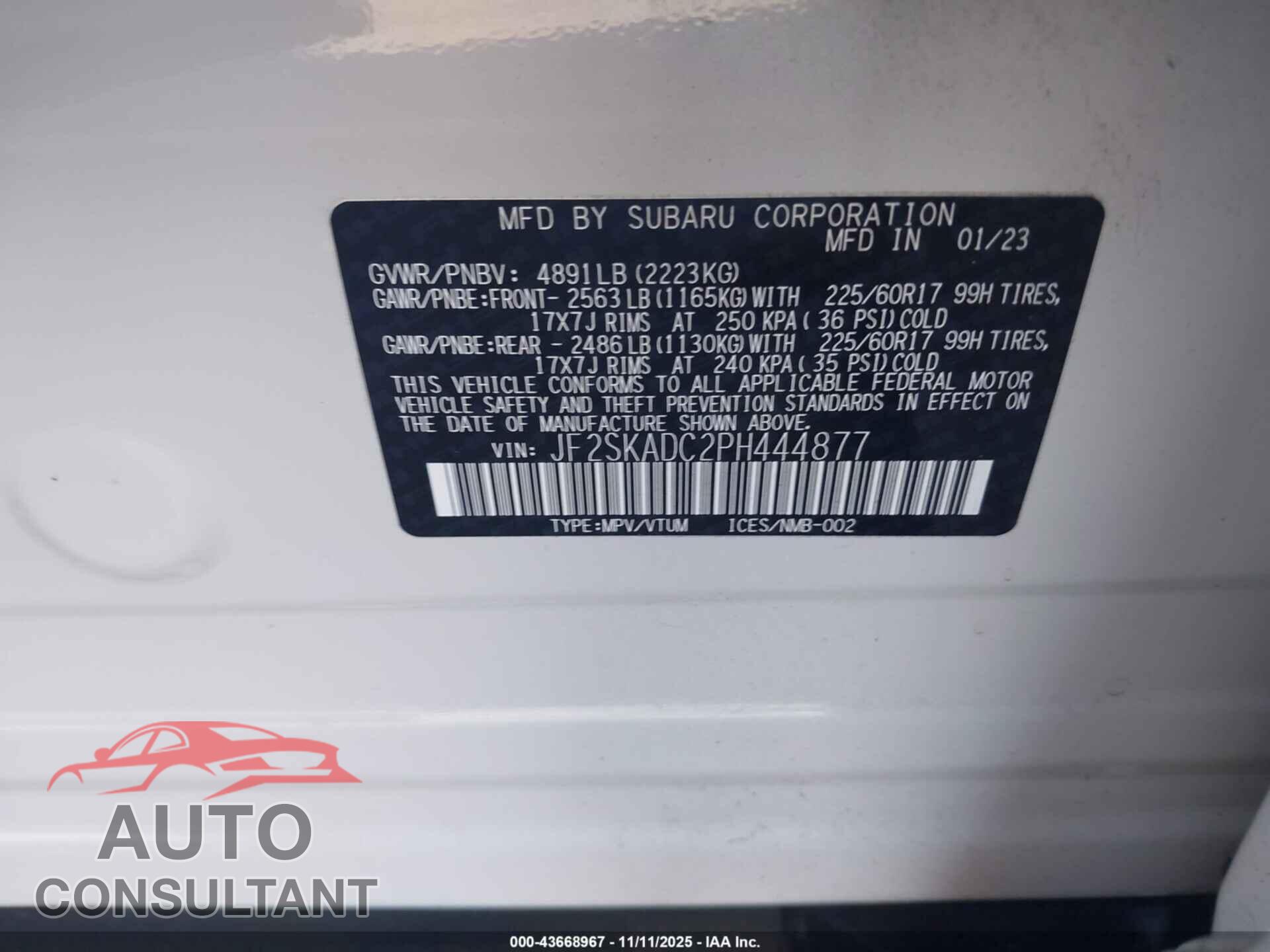 SUBARU FORESTER 2023 - JF2SKADC2PH444877