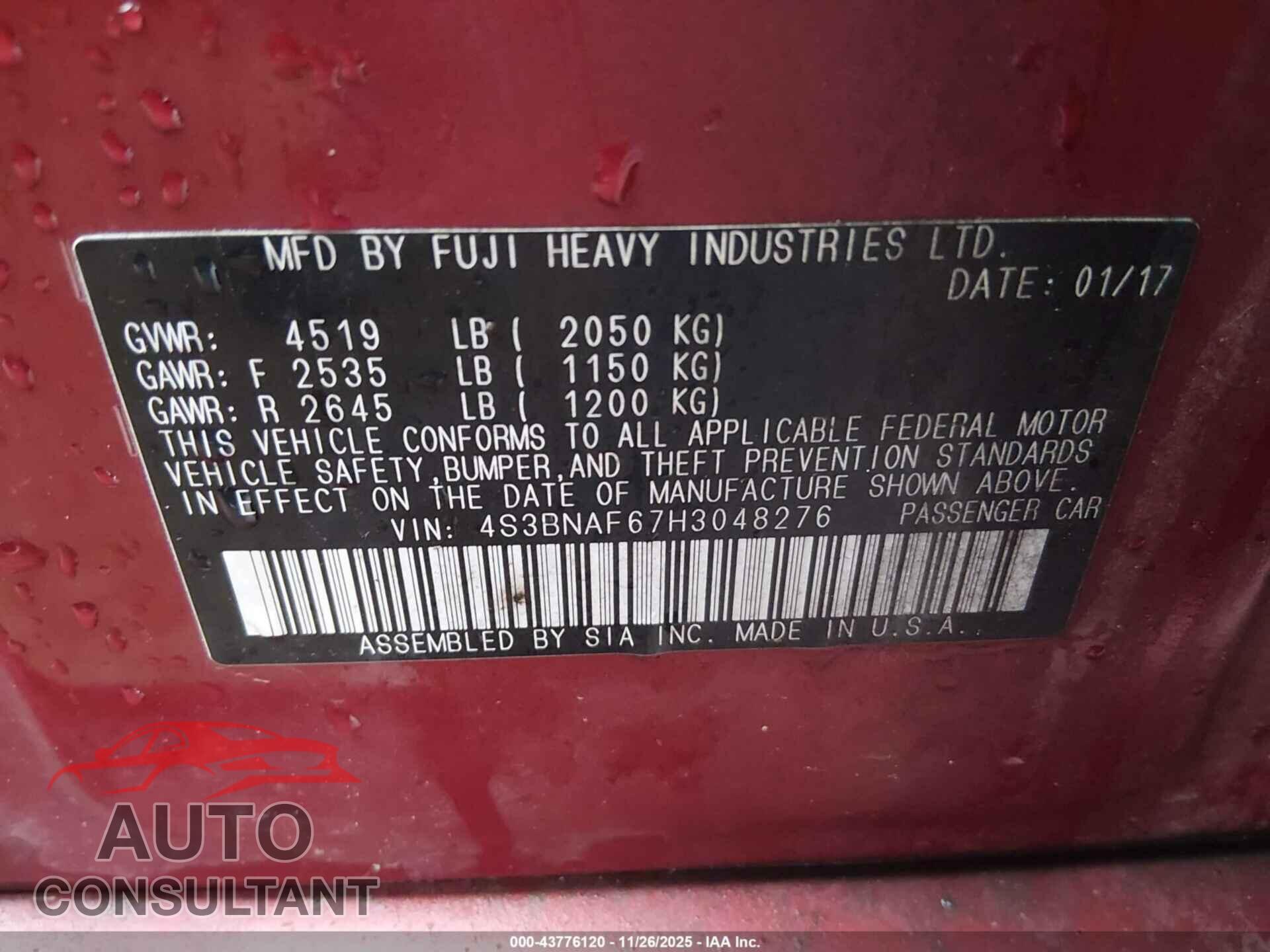 SUBARU LEGACY 2017 - 4S3BNAF67H3048276