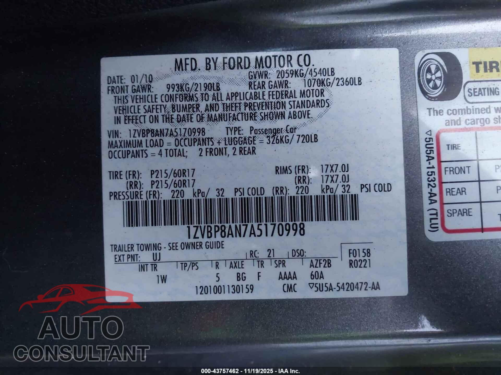FORD MUSTANG 2010 - 1ZVBP8AN7A5170998
