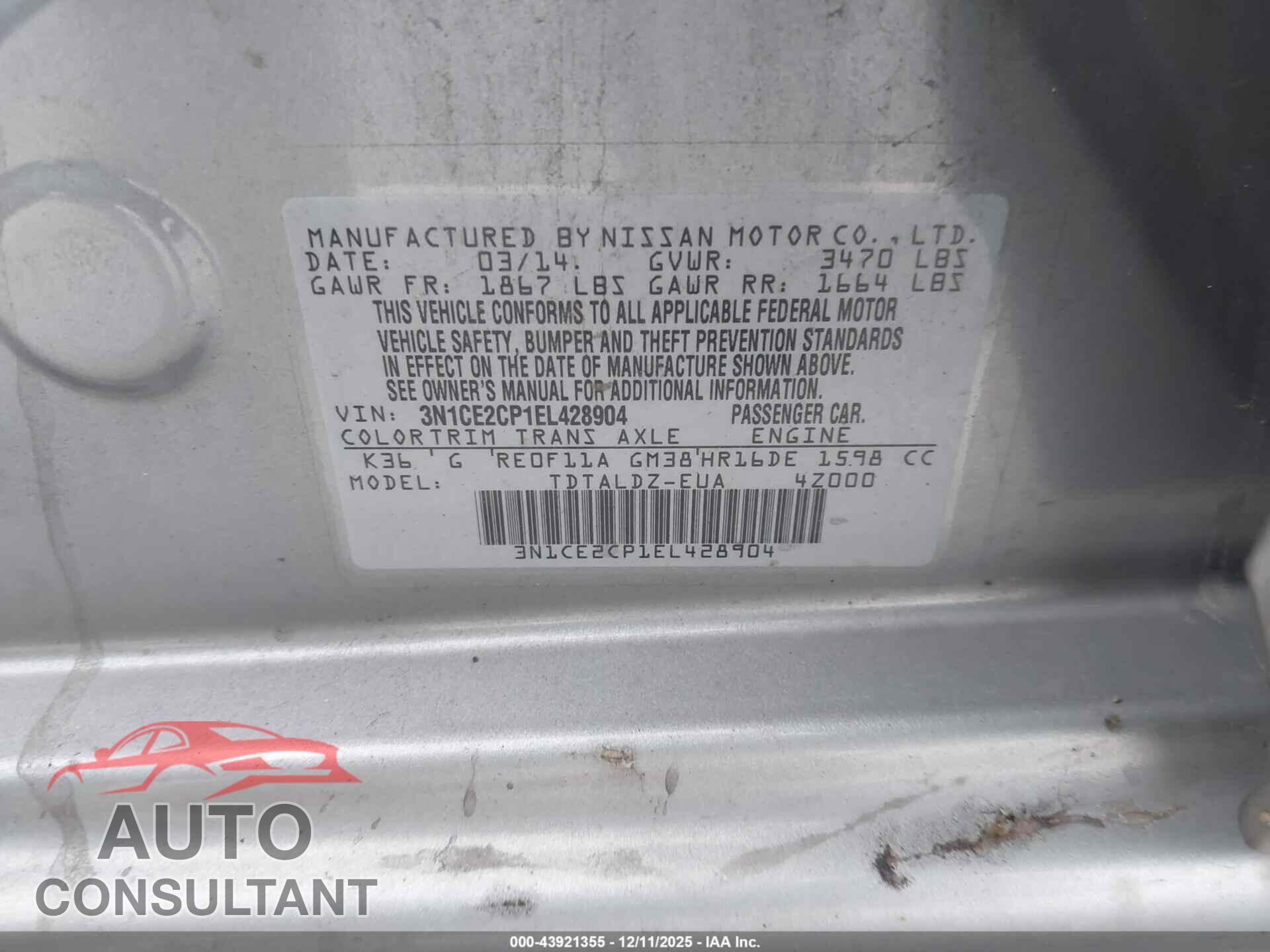 NISSAN VERSA NOTE 2014 - 3N1CE2CP1EL428904