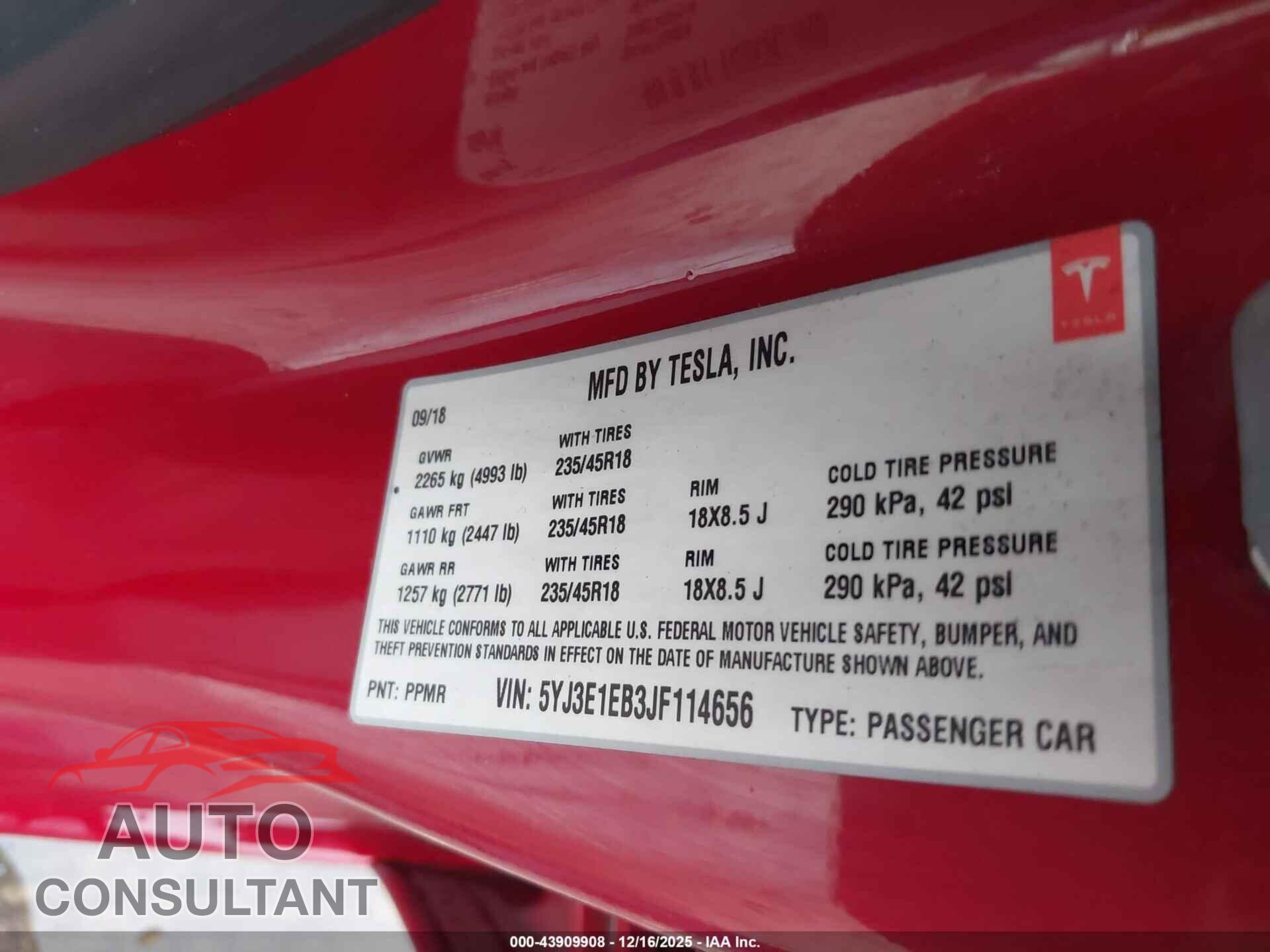 TESLA MODEL 3 2018 - 5YJ3E1EB3JF114656