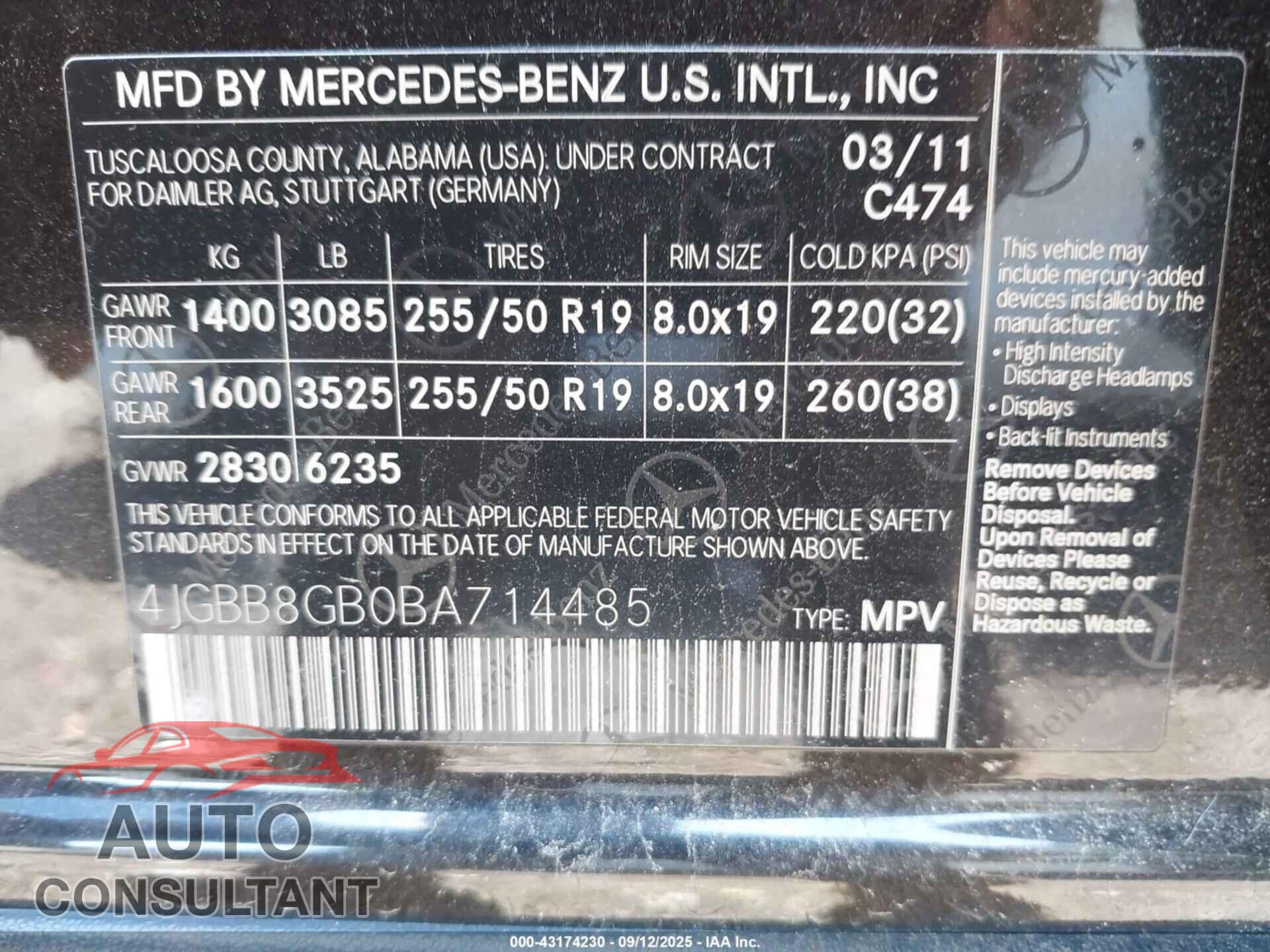 MERCEDES-BENZ ML 350 2011 - 4JGBB8GB0BA714485