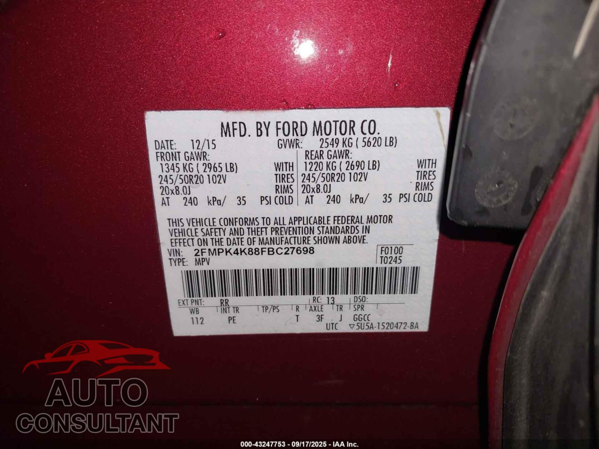 FORD EDGE 2015 - 2FMPK4K88FBC27698
