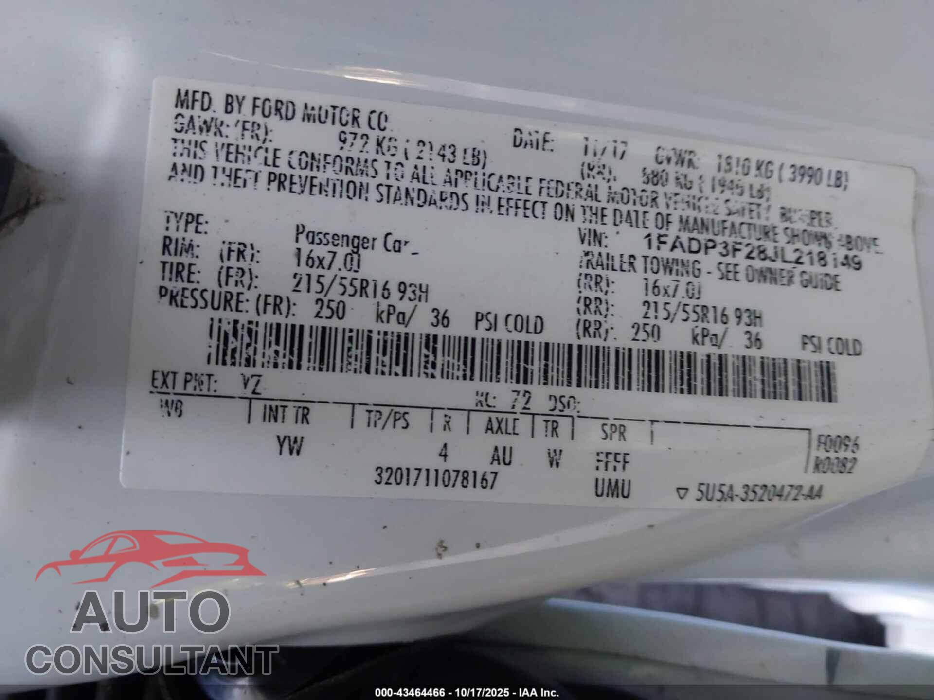 FORD FOCUS 2018 - 1FADP3F28JL218149