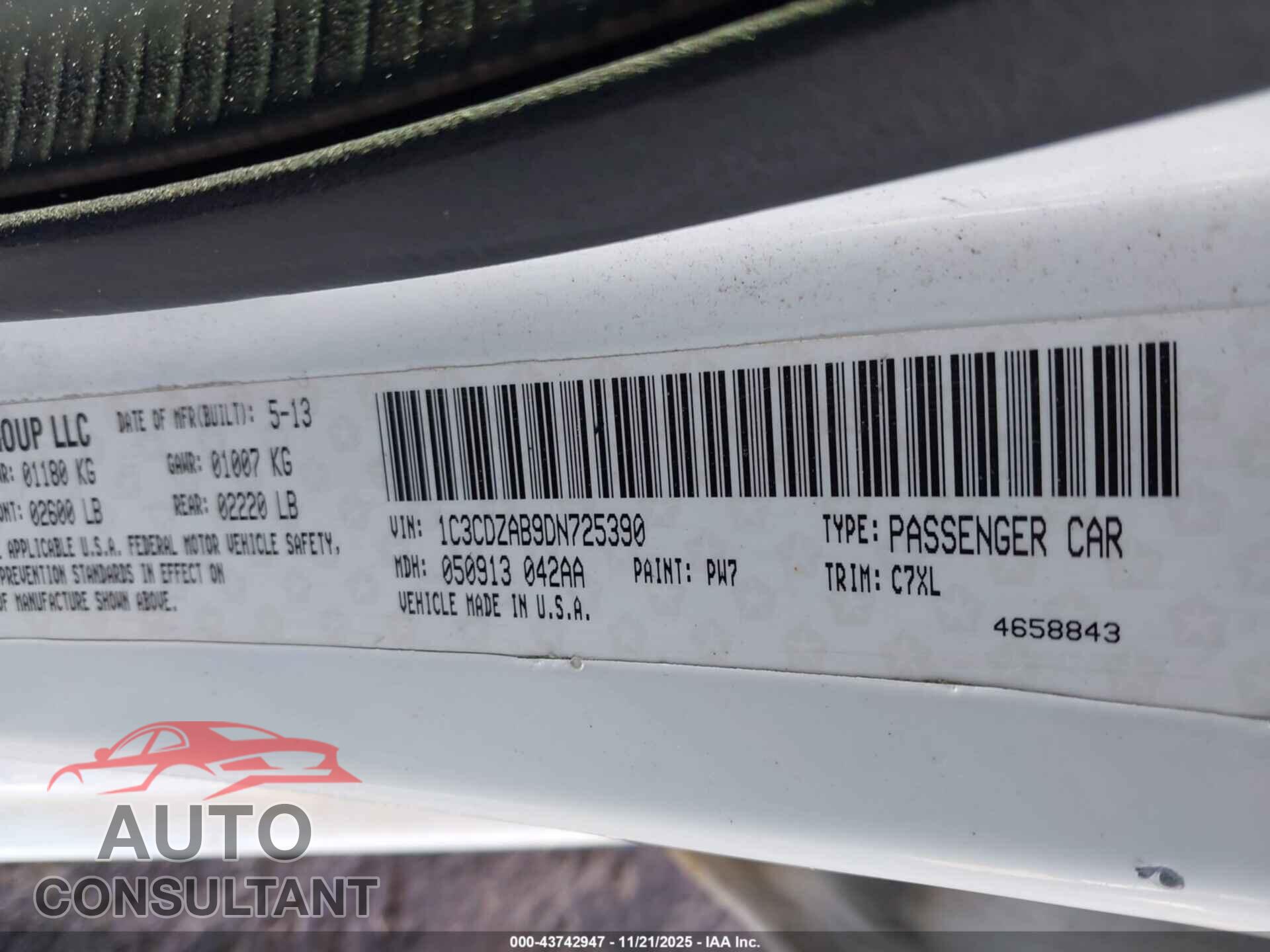DODGE AVENGER 2013 - 1C3CDZAB9DN725390