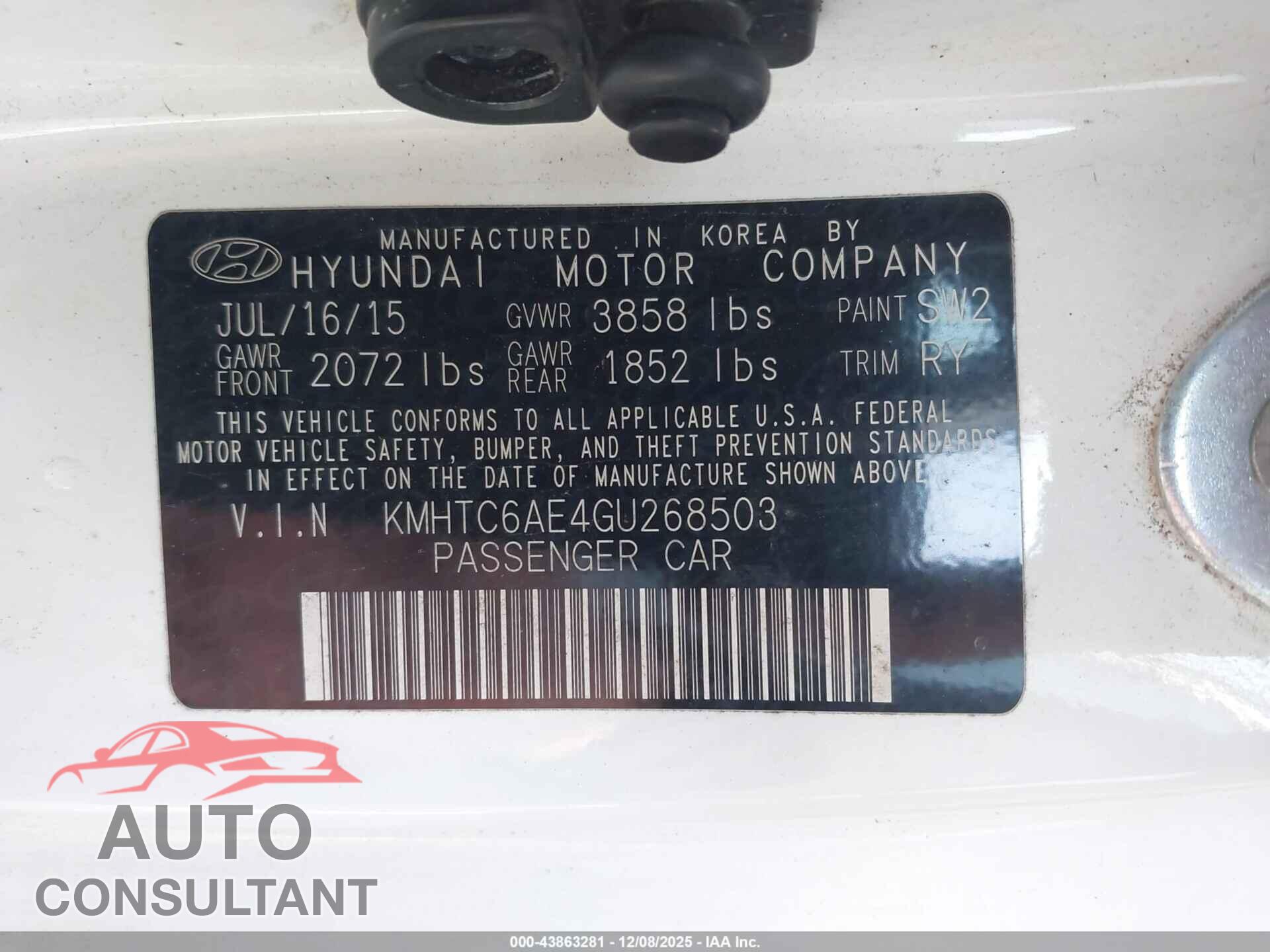 HYUNDAI VELOSTER 2016 - KMHTC6AE4GU268503