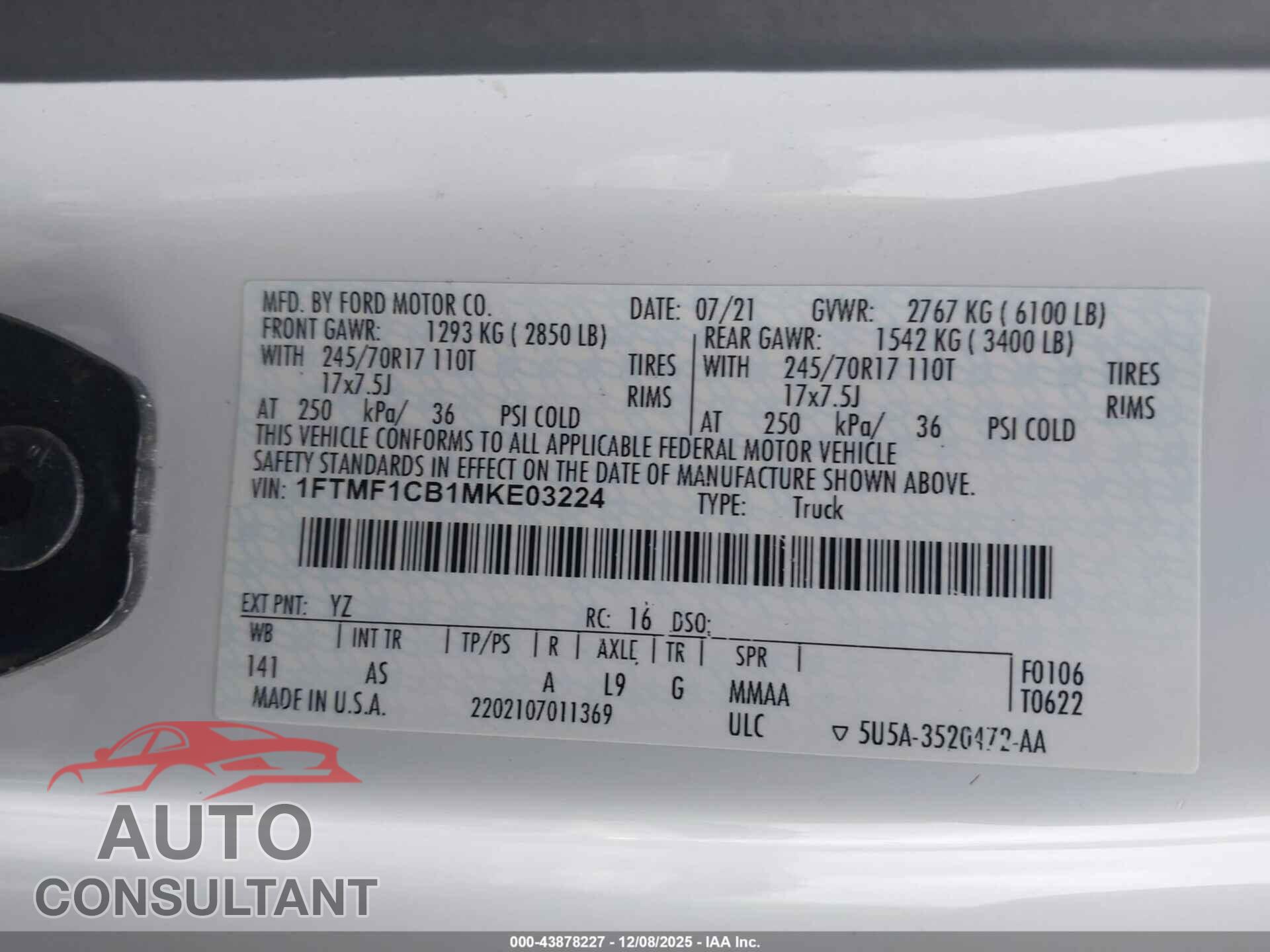 FORD F-150 2021 - 1FTMF1CB1MKE03224