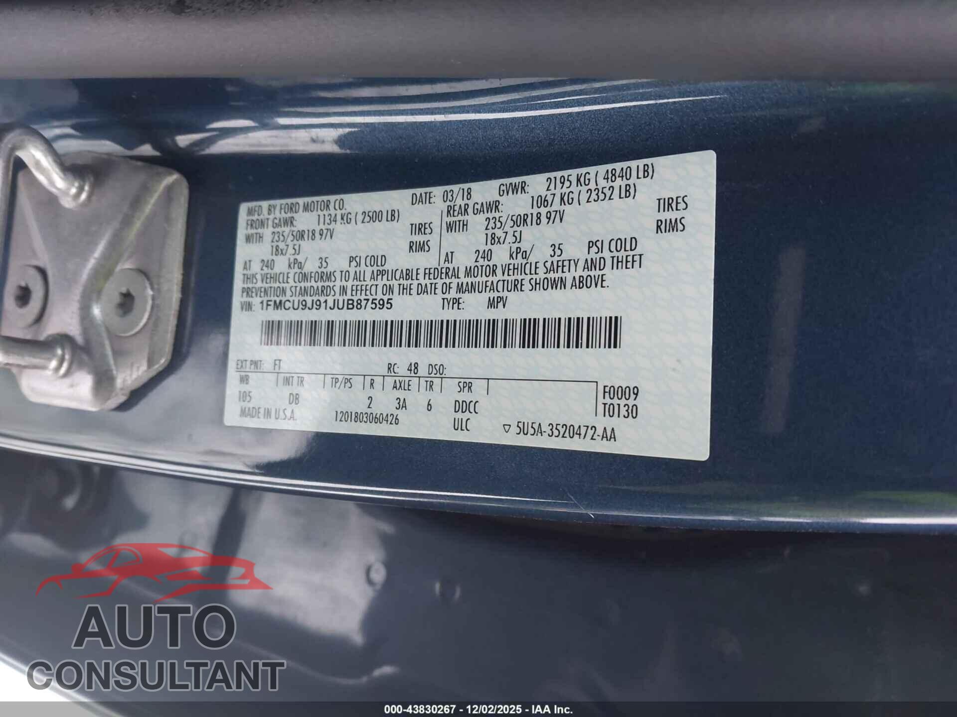 FORD ESCAPE 2018 - 1FMCU9J91JUB87595