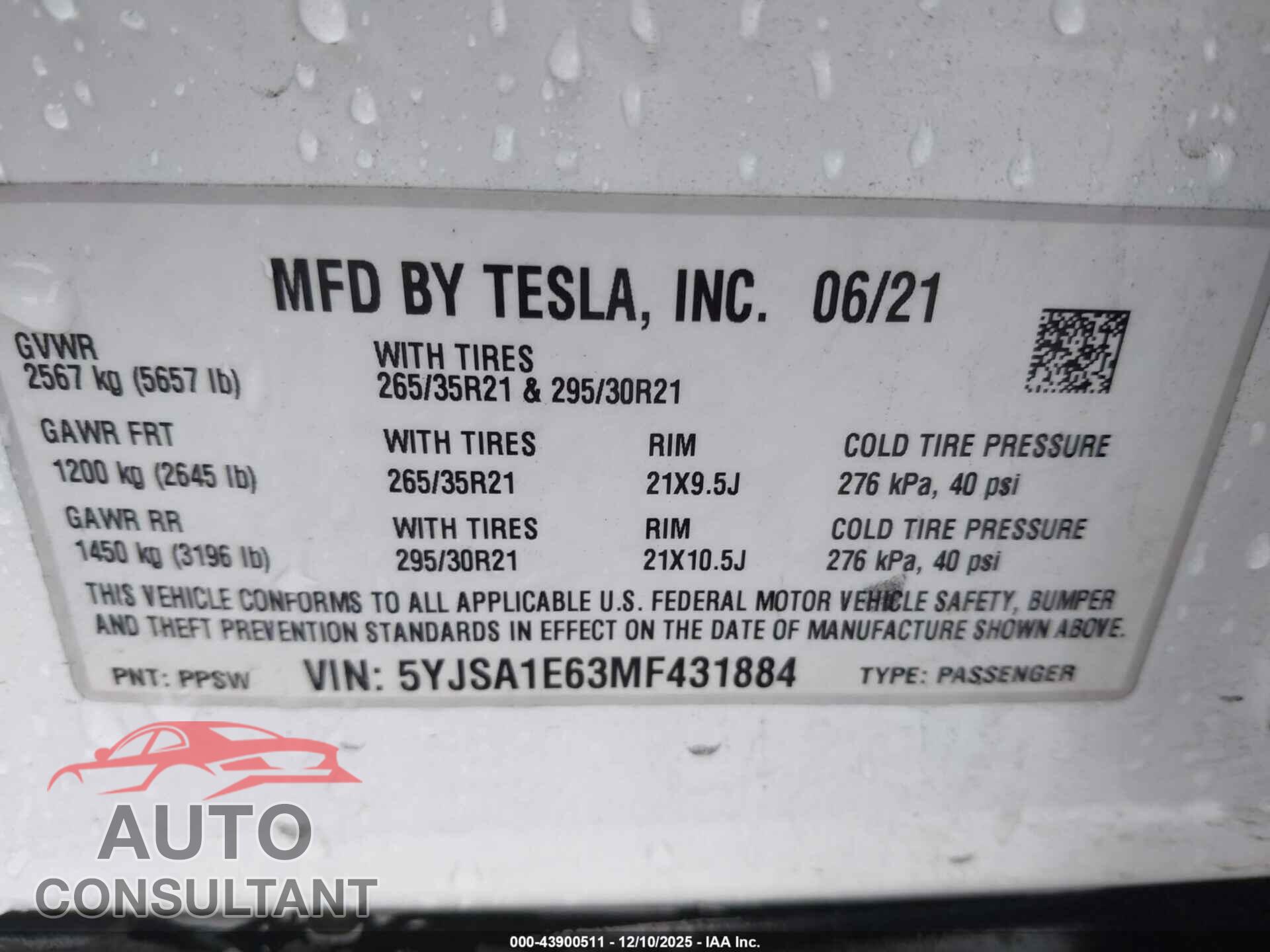 TESLA MODEL S 2021 - 5YJSA1E63MF431884