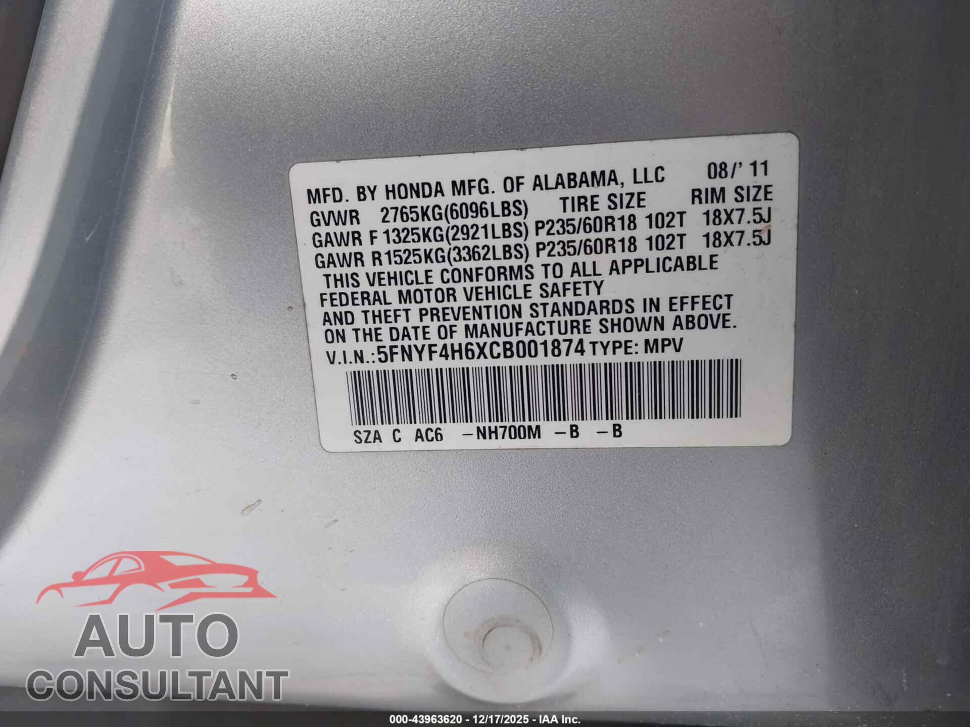 HONDA PILOT 2012 - 5FNYF4H6XCB001874