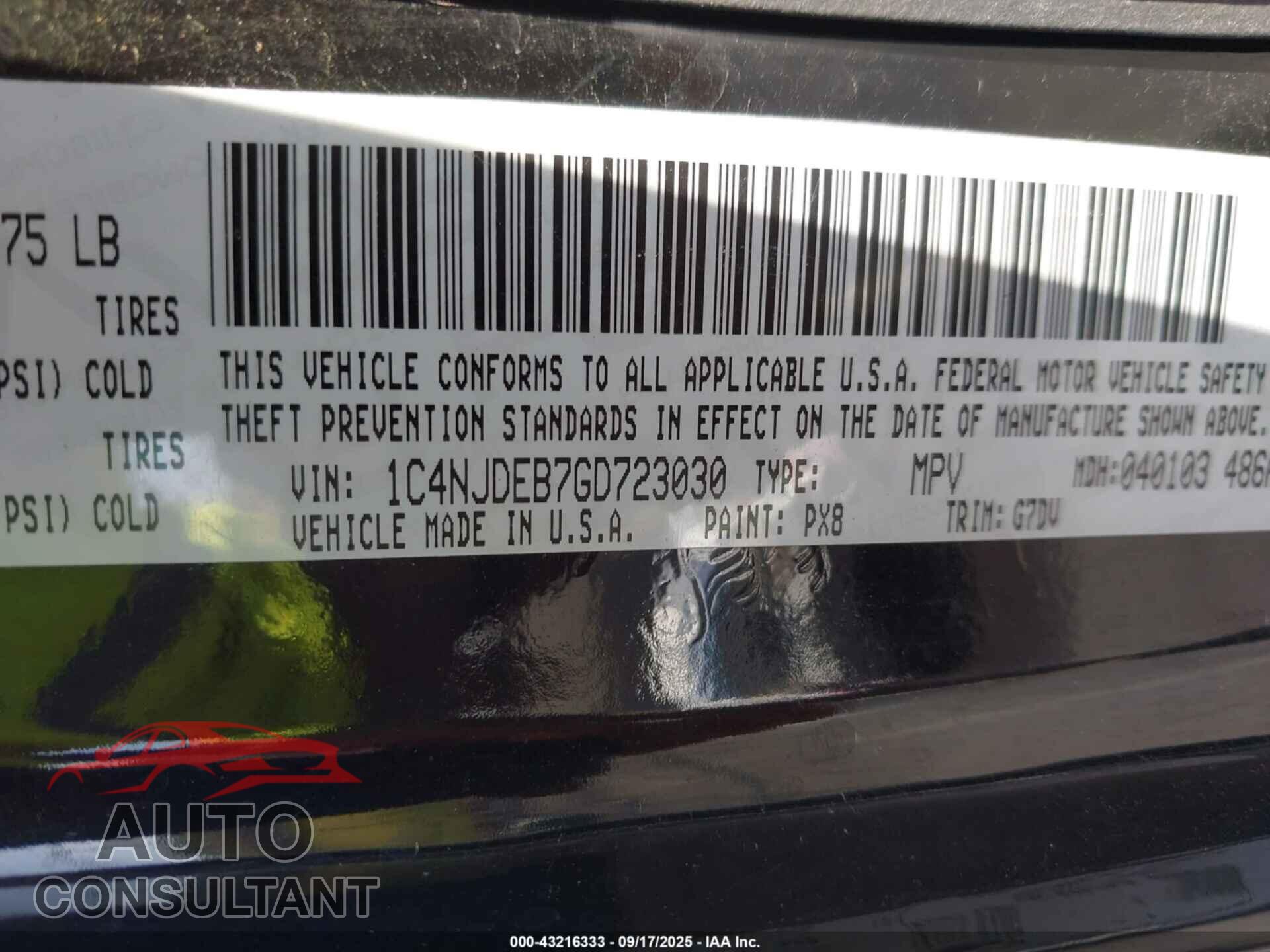 JEEP COMPASS 2016 - 1C4NJDEB7GD723030