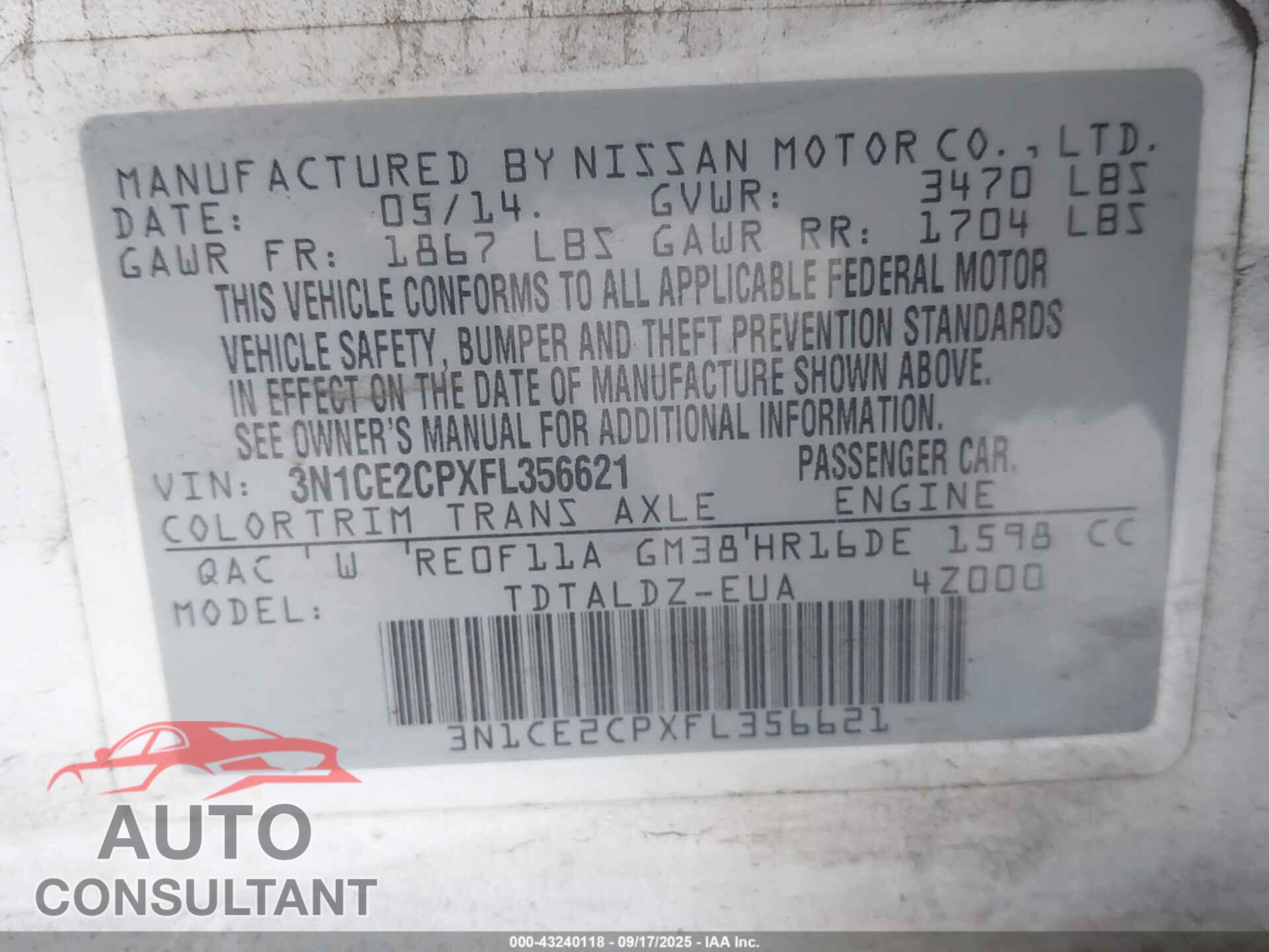 NISSAN VERSA NOTE 2015 - 3N1CE2CPXFL356621