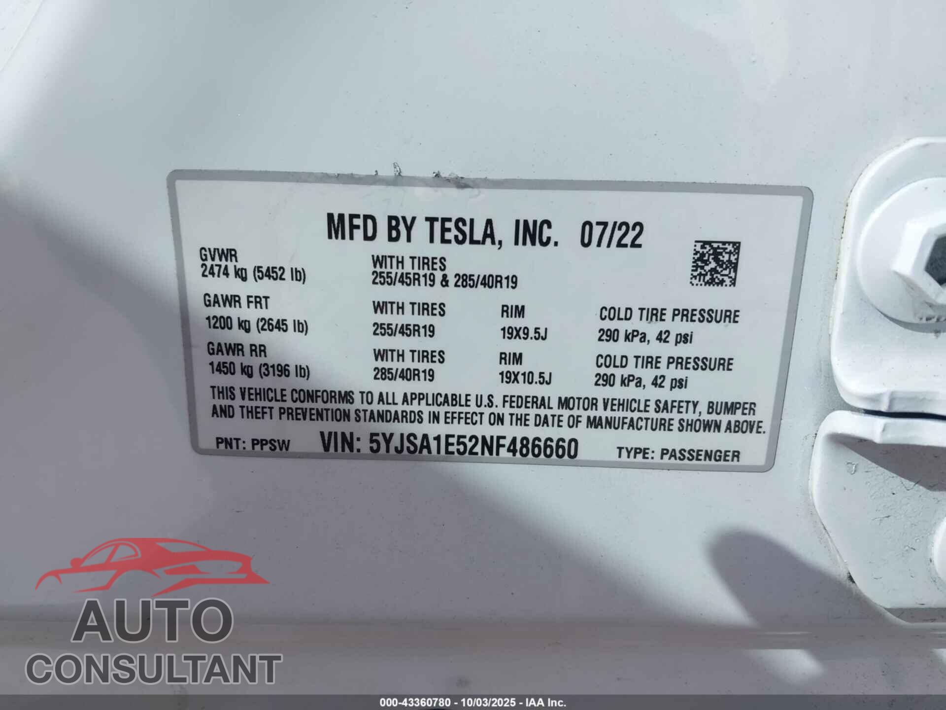 TESLA MODEL S 2022 - 5YJSA1E52NF486660