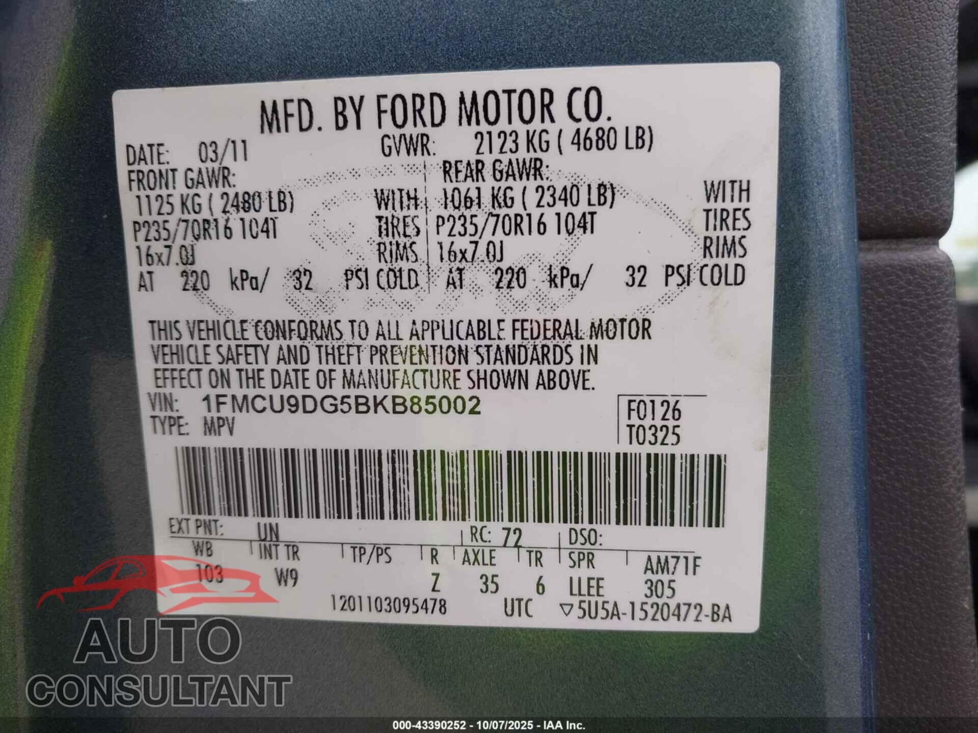FORD ESCAPE 2011 - 1FMCU9DG5BKB85002