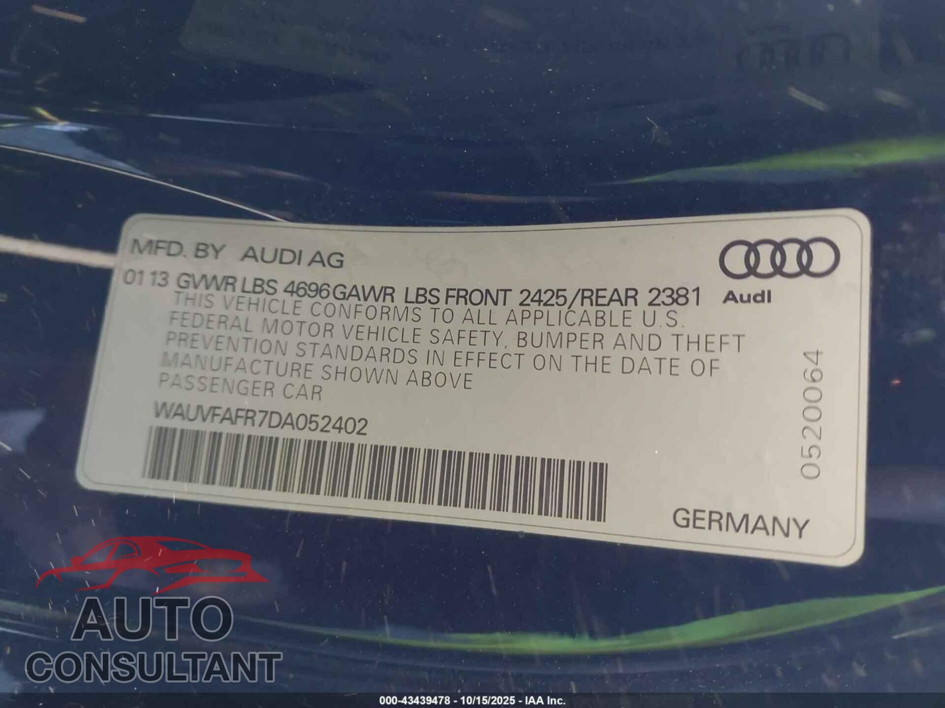 AUDI A5 2013 - WAUVFAFR7DA052402