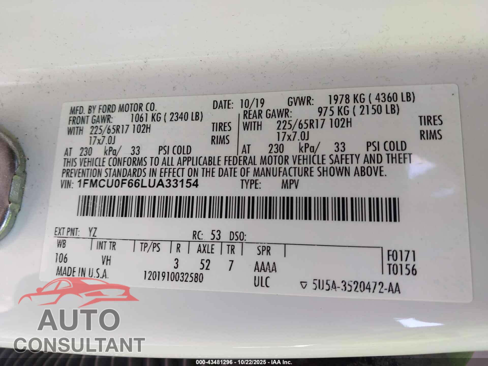 FORD ESCAPE 2020 - 1FMCU0F66LUA33154