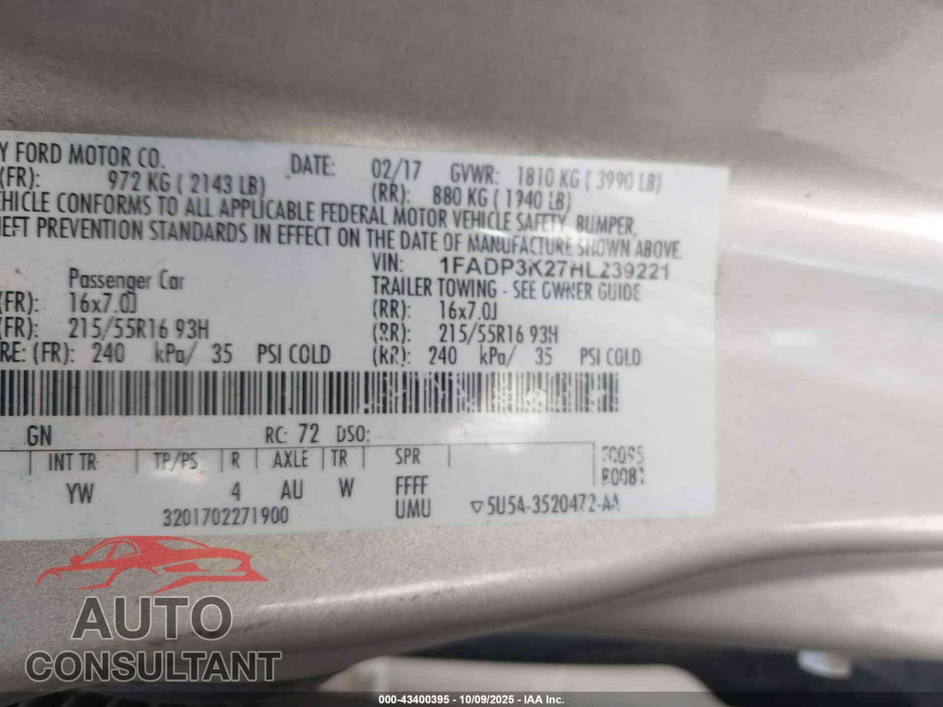 FORD FOCUS 2017 - 1FADP3K27HL239221