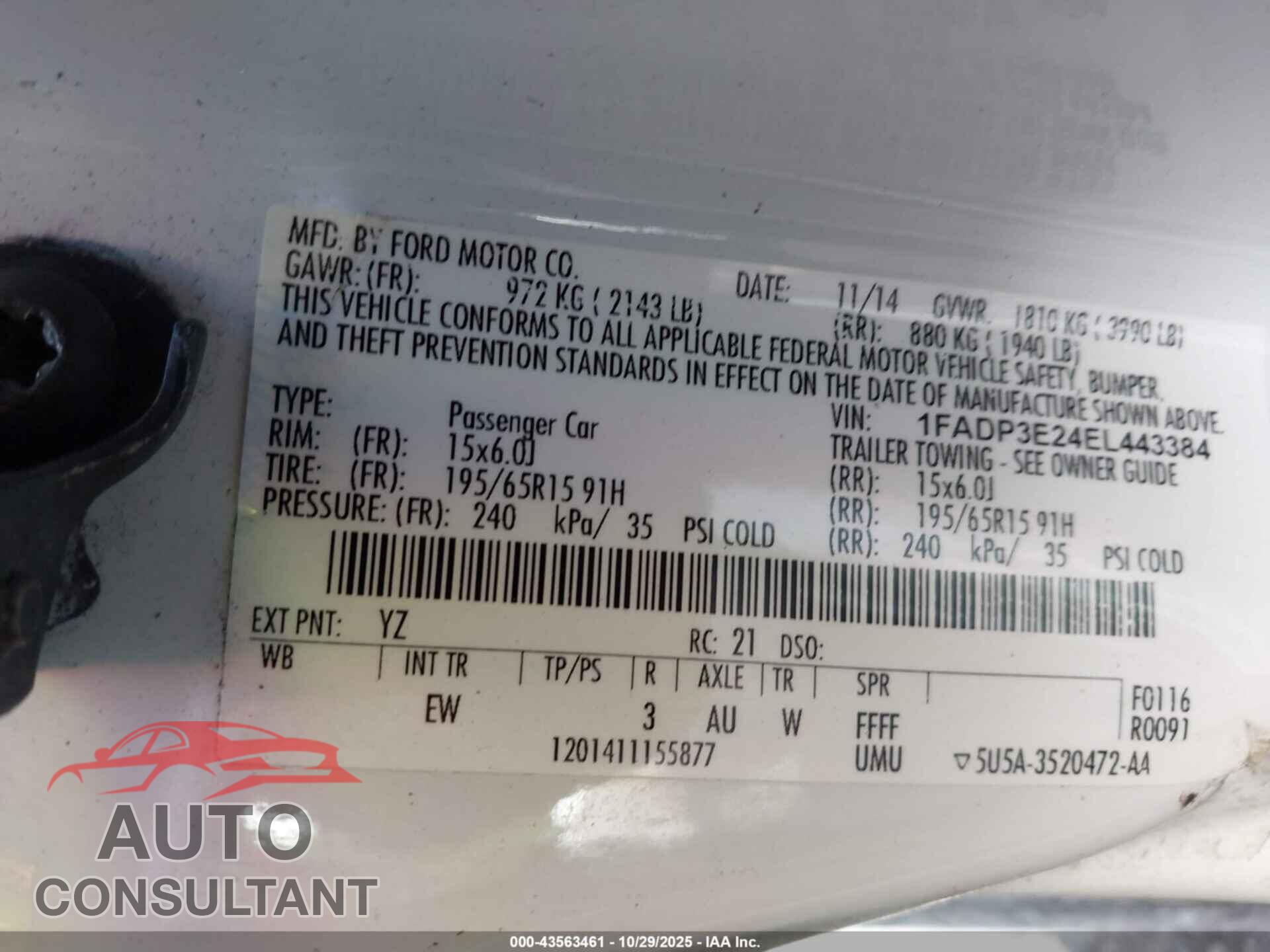 FORD FOCUS 2014 - 1FADP3E24EL443384