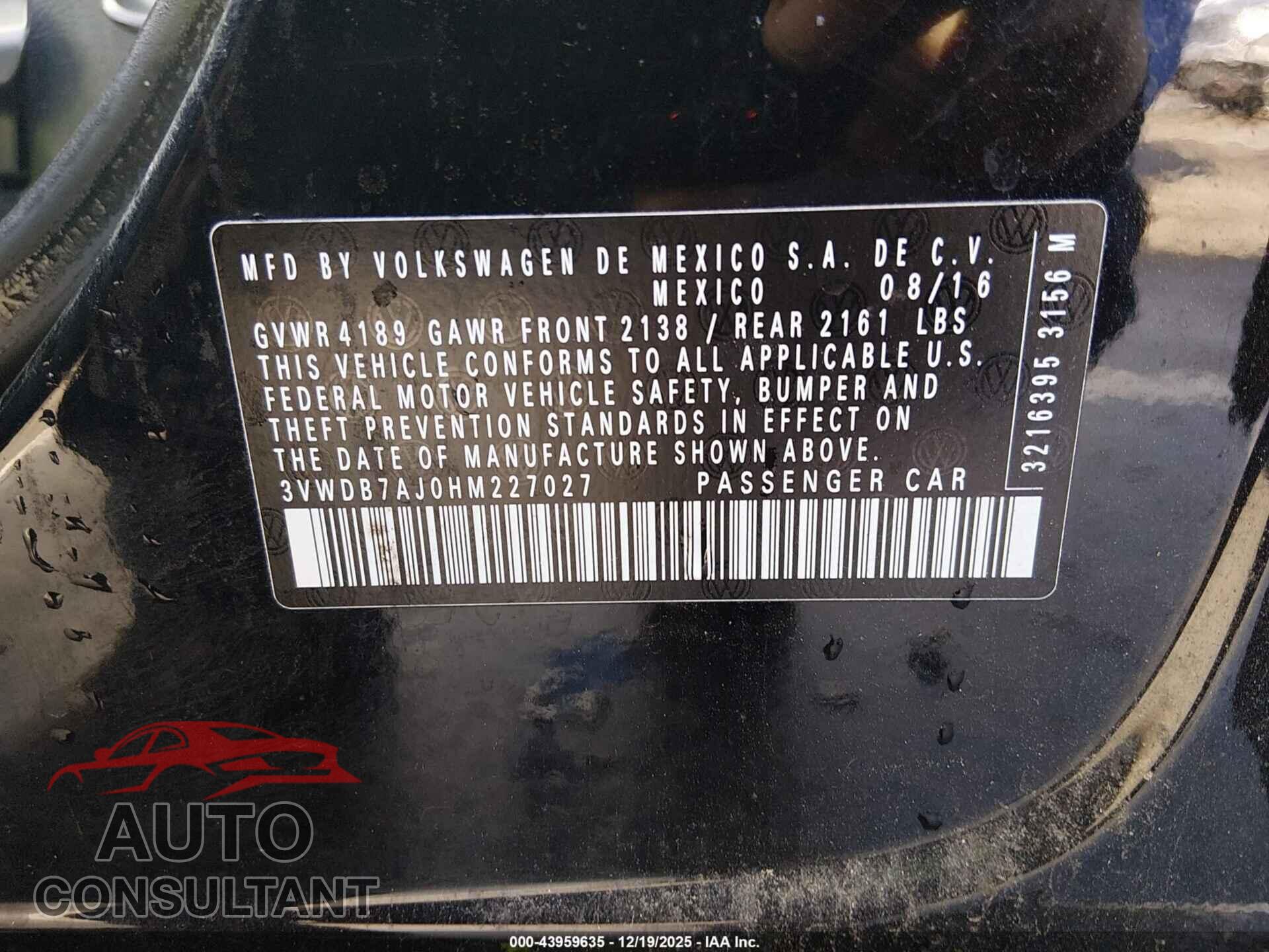 VOLKSWAGEN JETTA 2017 - 3VWDB7AJ0HM227027