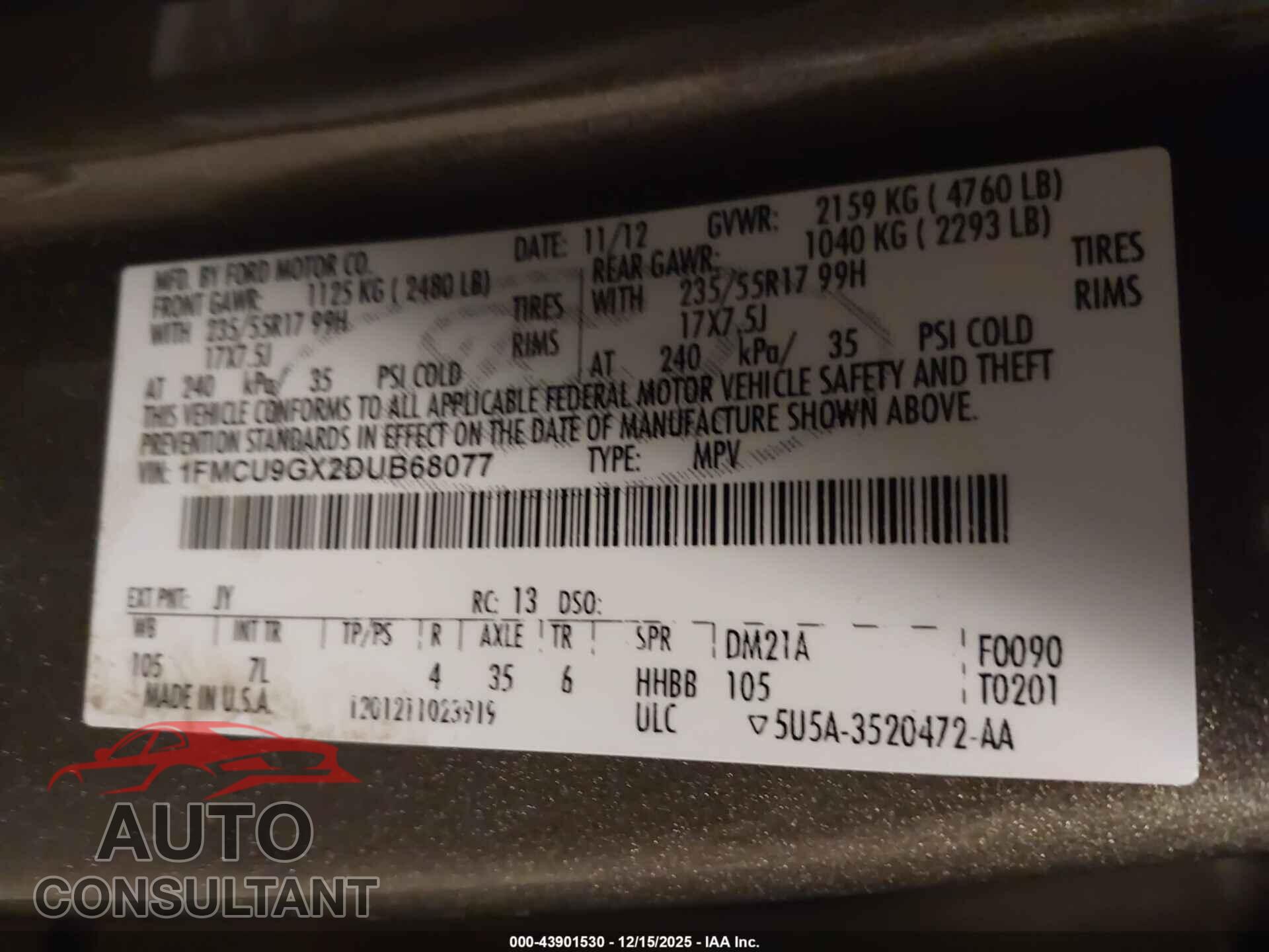 FORD ESCAPE 2013 - 1FMCU9GX2DUB68077