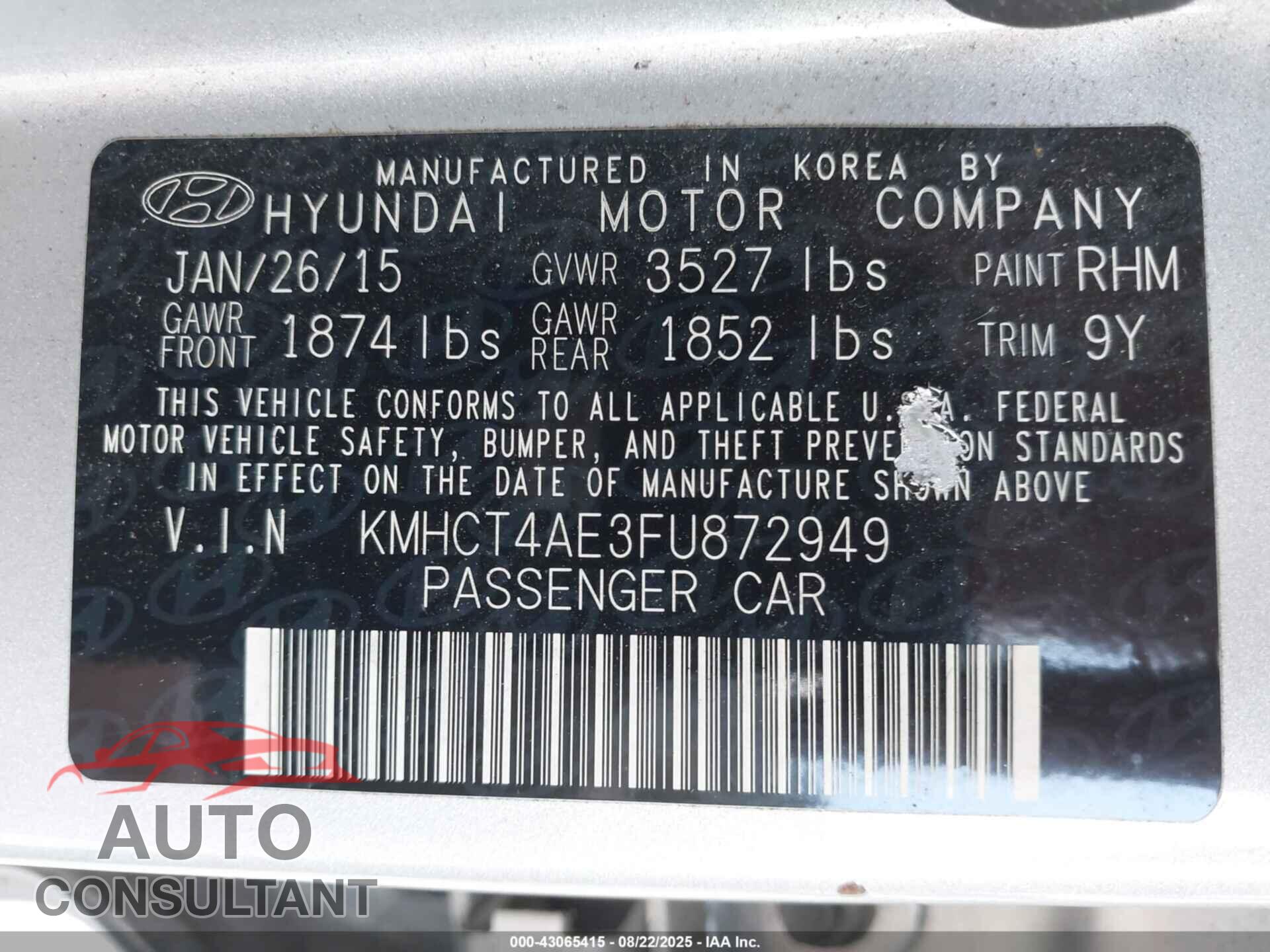 HYUNDAI ACCENT 2015 - KMHCT4AE3FU872949