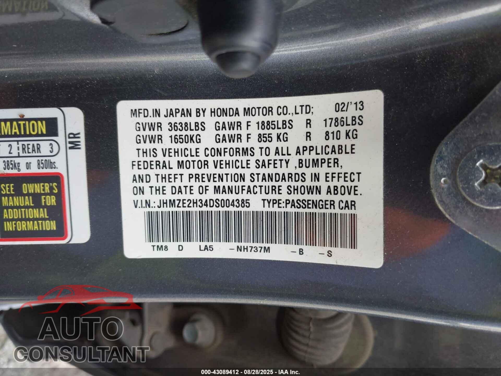 HONDA INSIGHT 2013 - JHMZE2H34DS004385