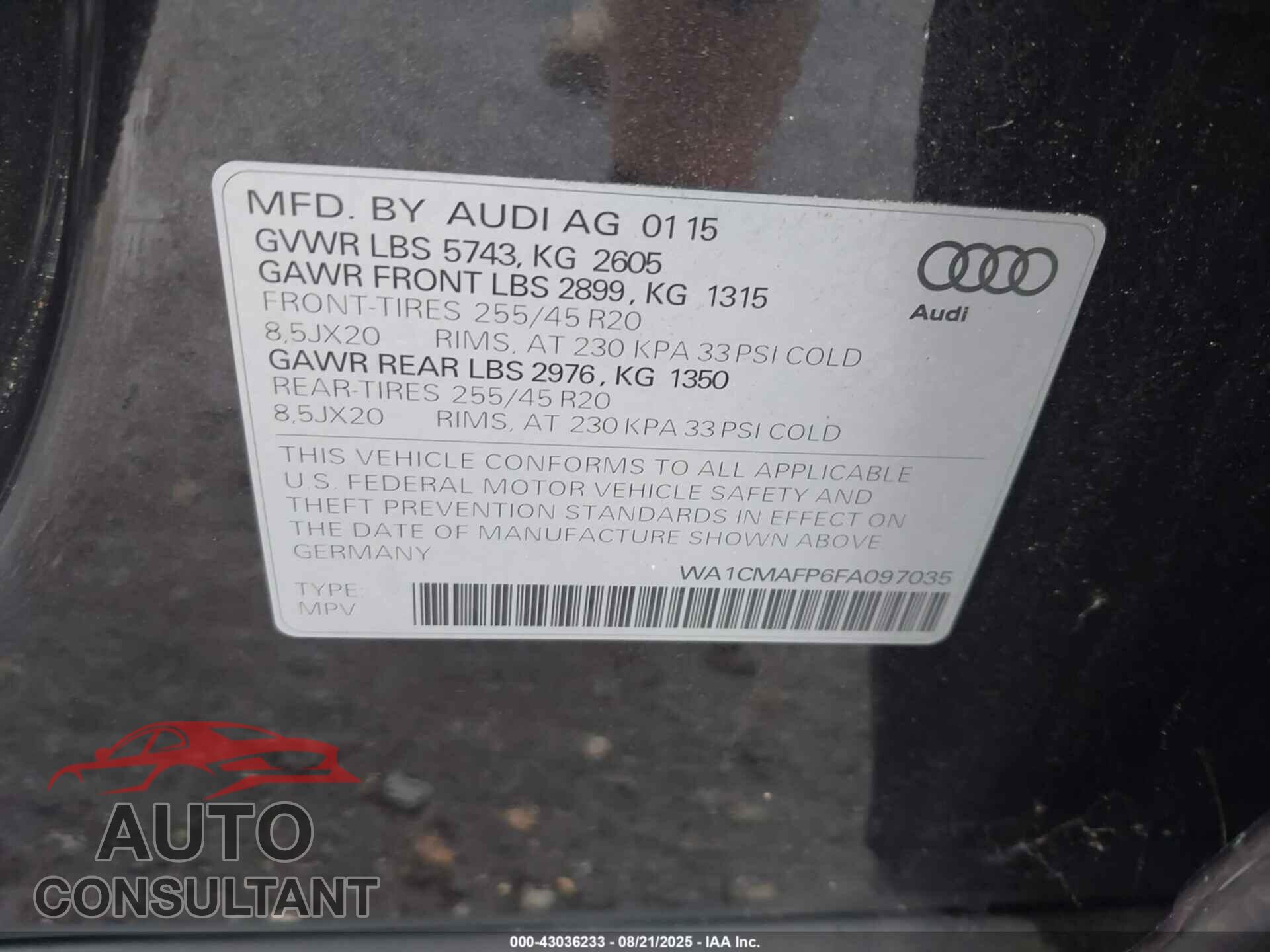 AUDI Q5 2015 - WA1CMAFP6FA097035