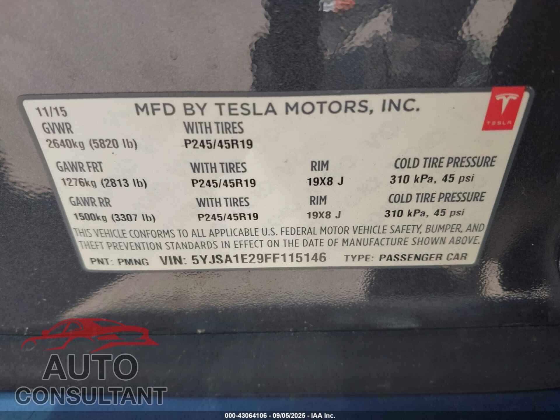 TESLA MODEL S 2015 - 5YJSA1E29FF115146
