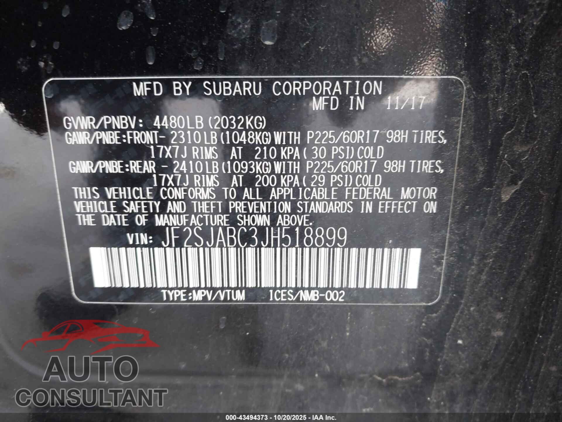 SUBARU FORESTER 2018 - JF2SJABC3JH518899