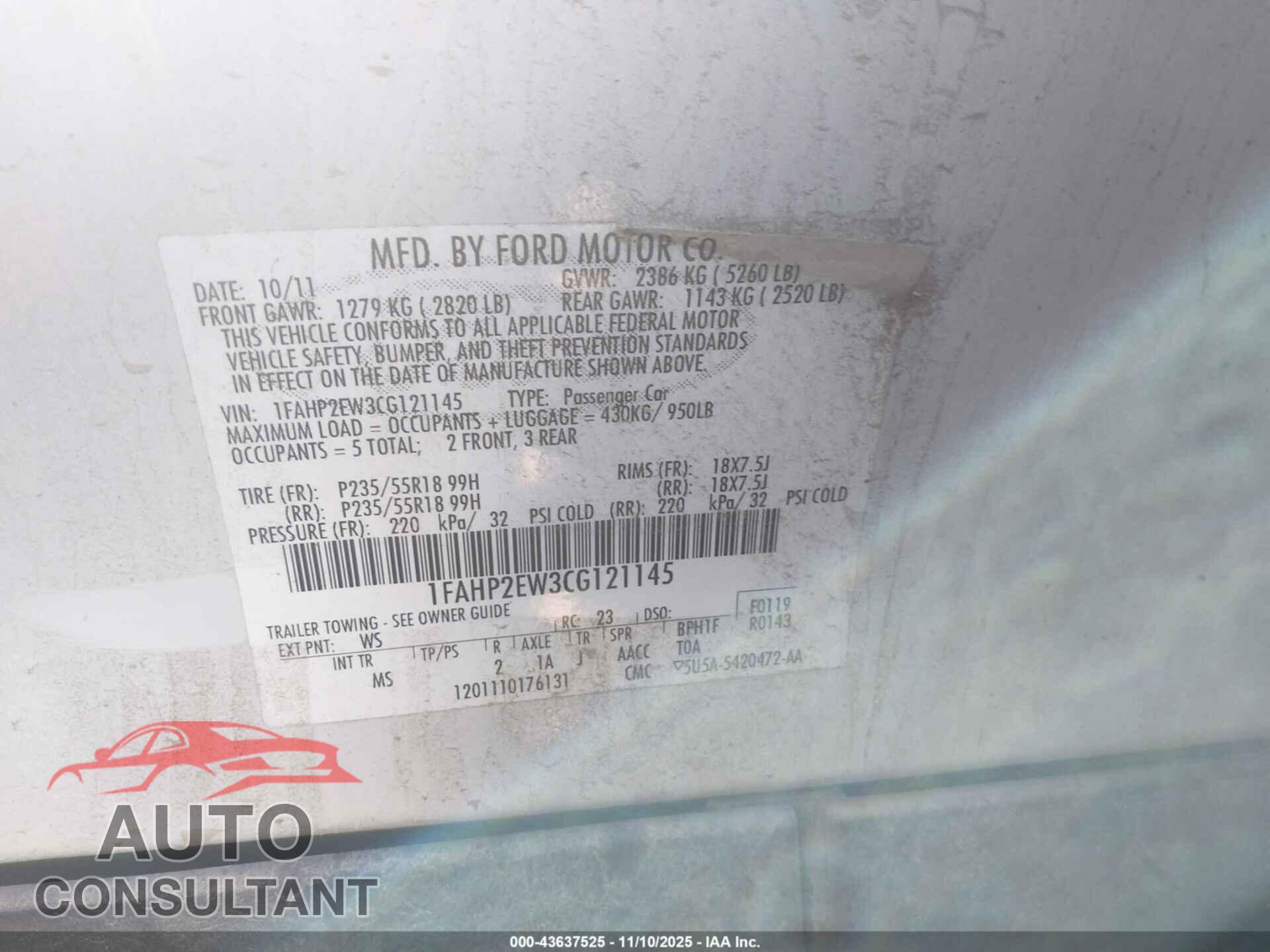 FORD TAURUS 2012 - 1FAHP2EW3CG121145