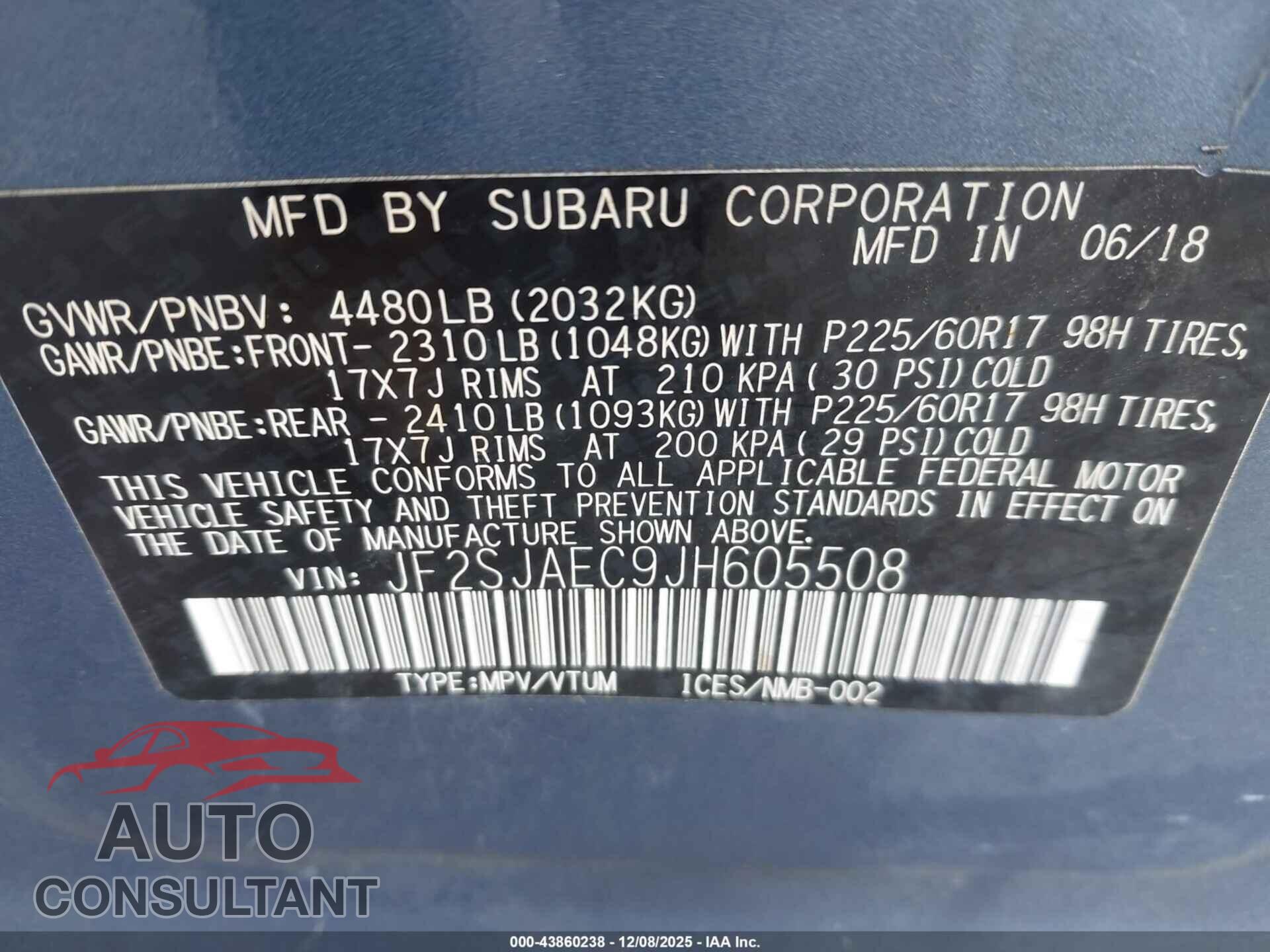 SUBARU FORESTER 2018 - JF2SJAEC9JH605508