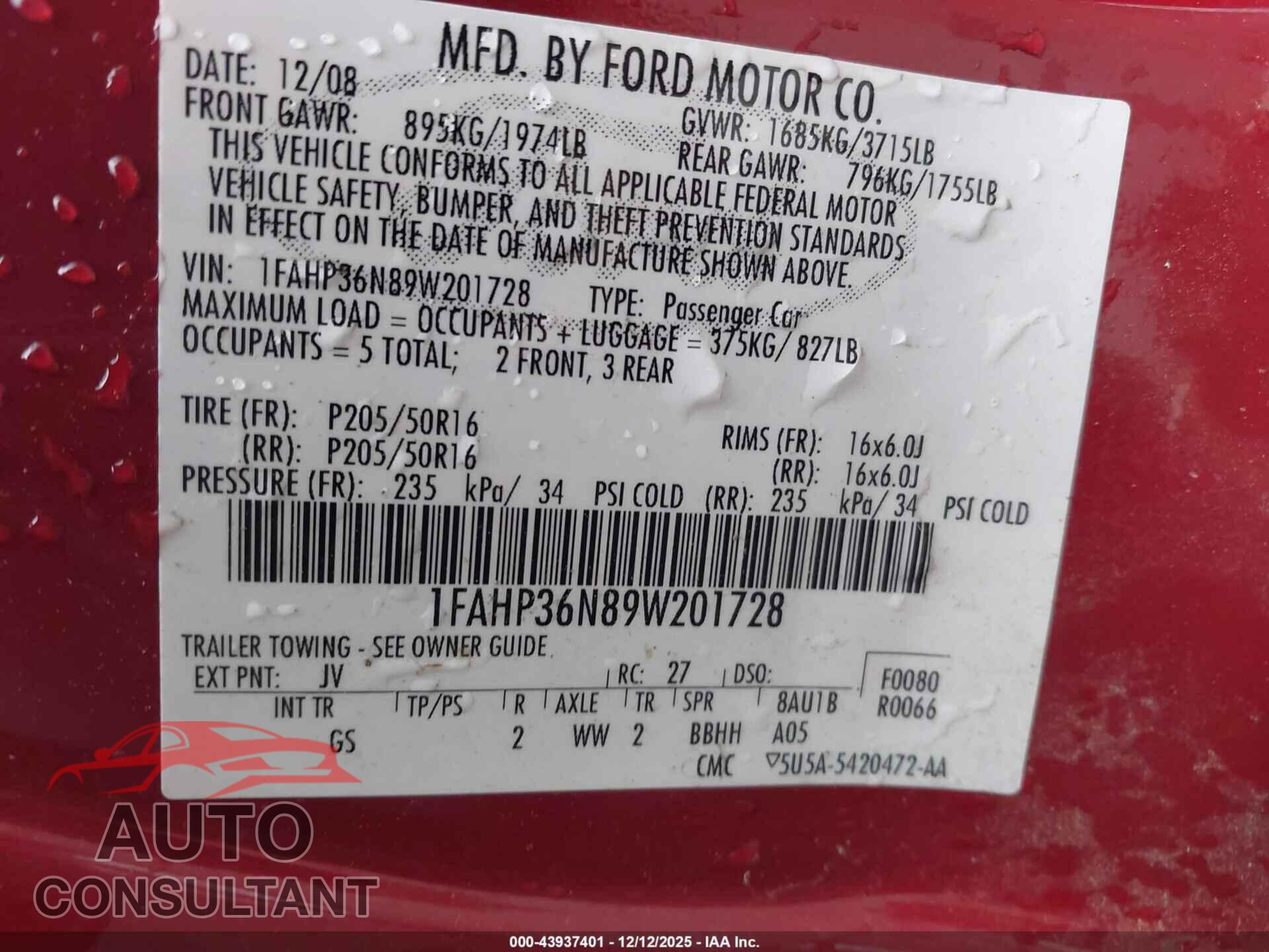 FORD FOCUS 2009 - 1FAHP36N89W201728