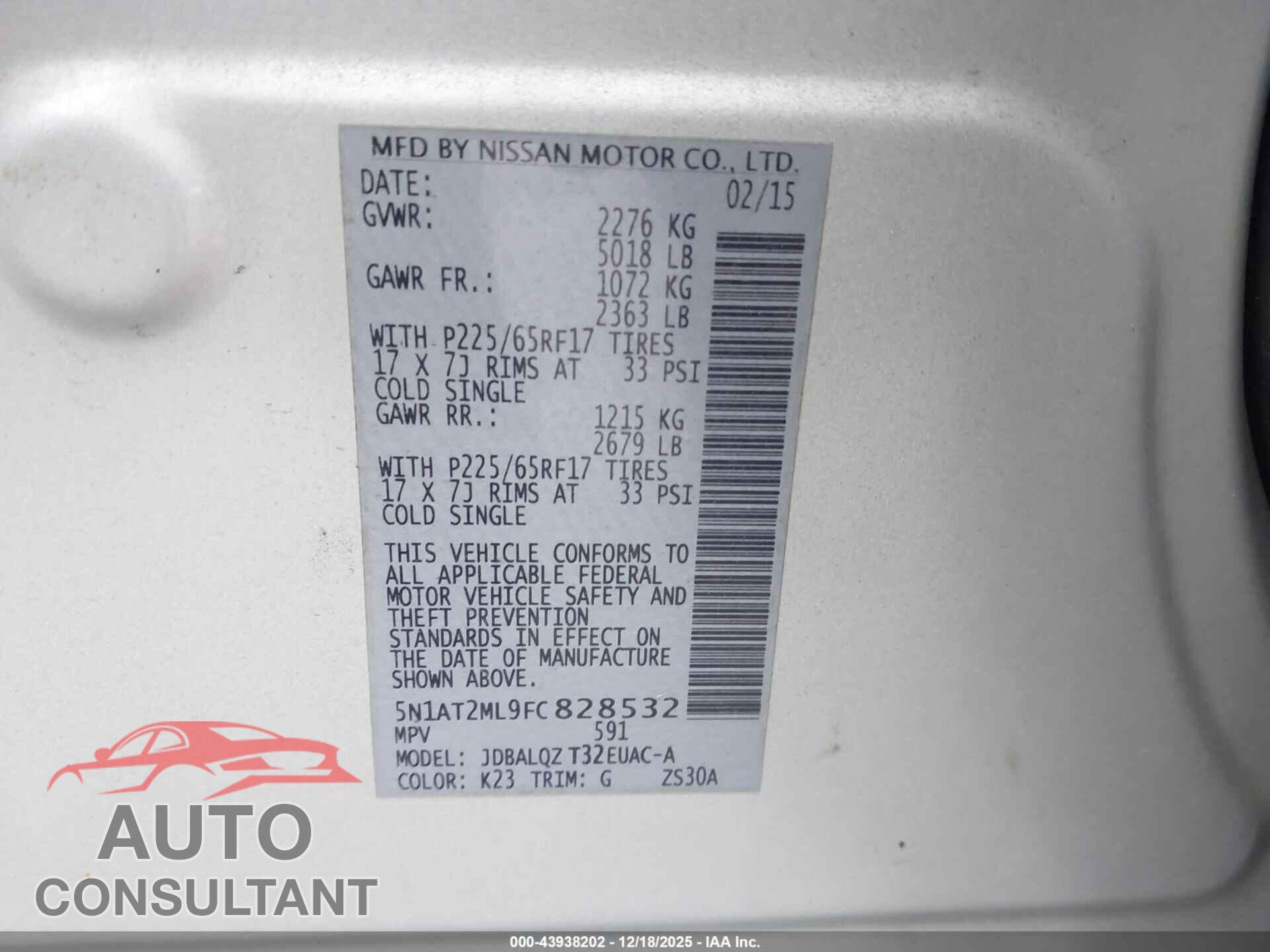 NISSAN ROGUE 2015 - 5N1AT2ML9FC828532