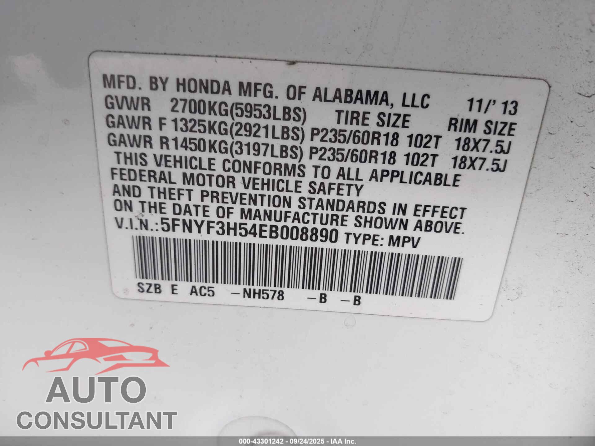 HONDA PILOT 2014 - 5FNYF3H54EB008890
