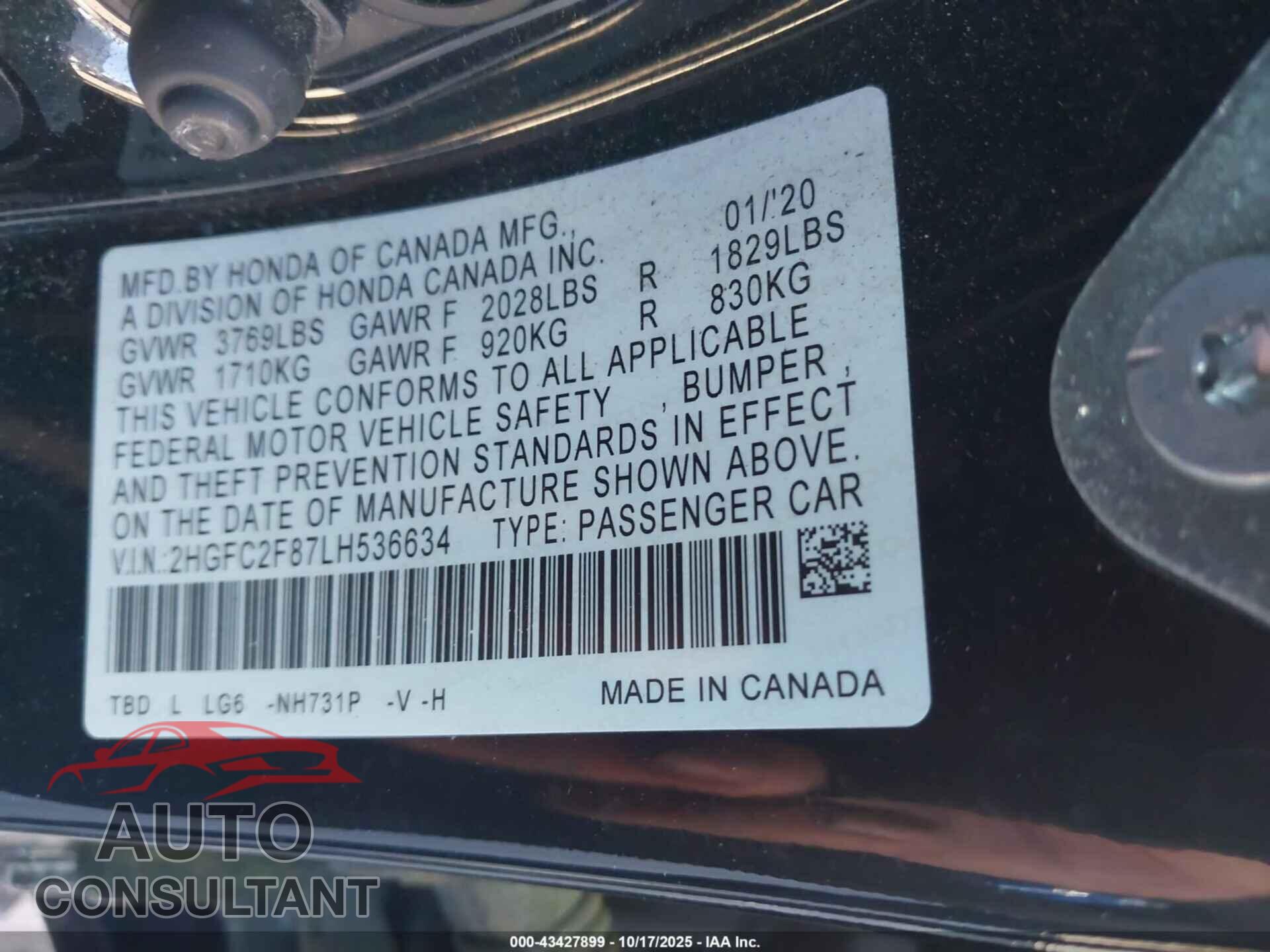 HONDA CIVIC 2020 - 2HGFC2F87LH536634