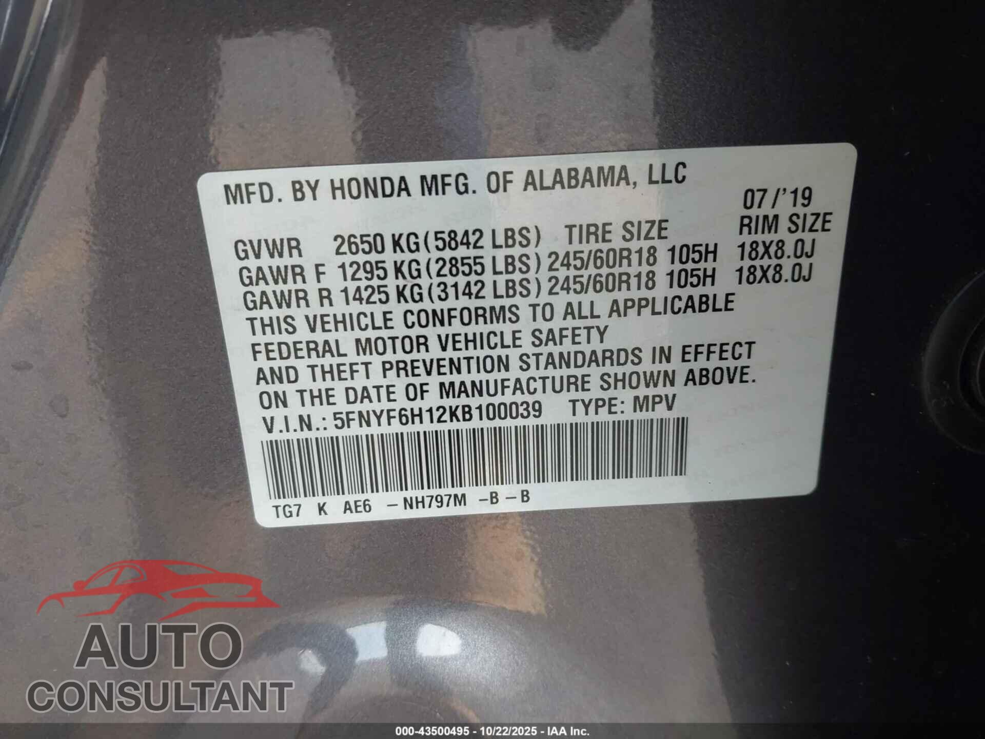 HONDA PILOT 2019 - 5FNYF6H12KB100039